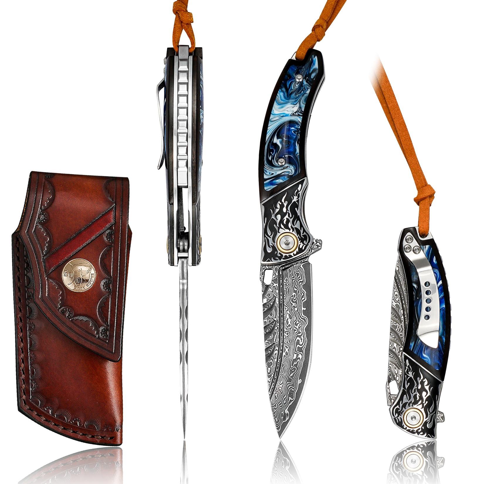 Handmade Damascus steel Folding Pocket knife. VG10 steel core men and women Folding knife,With Leather sheath,Lining lock,Ebony inlaid with resin Handle,EDC outdoor camping