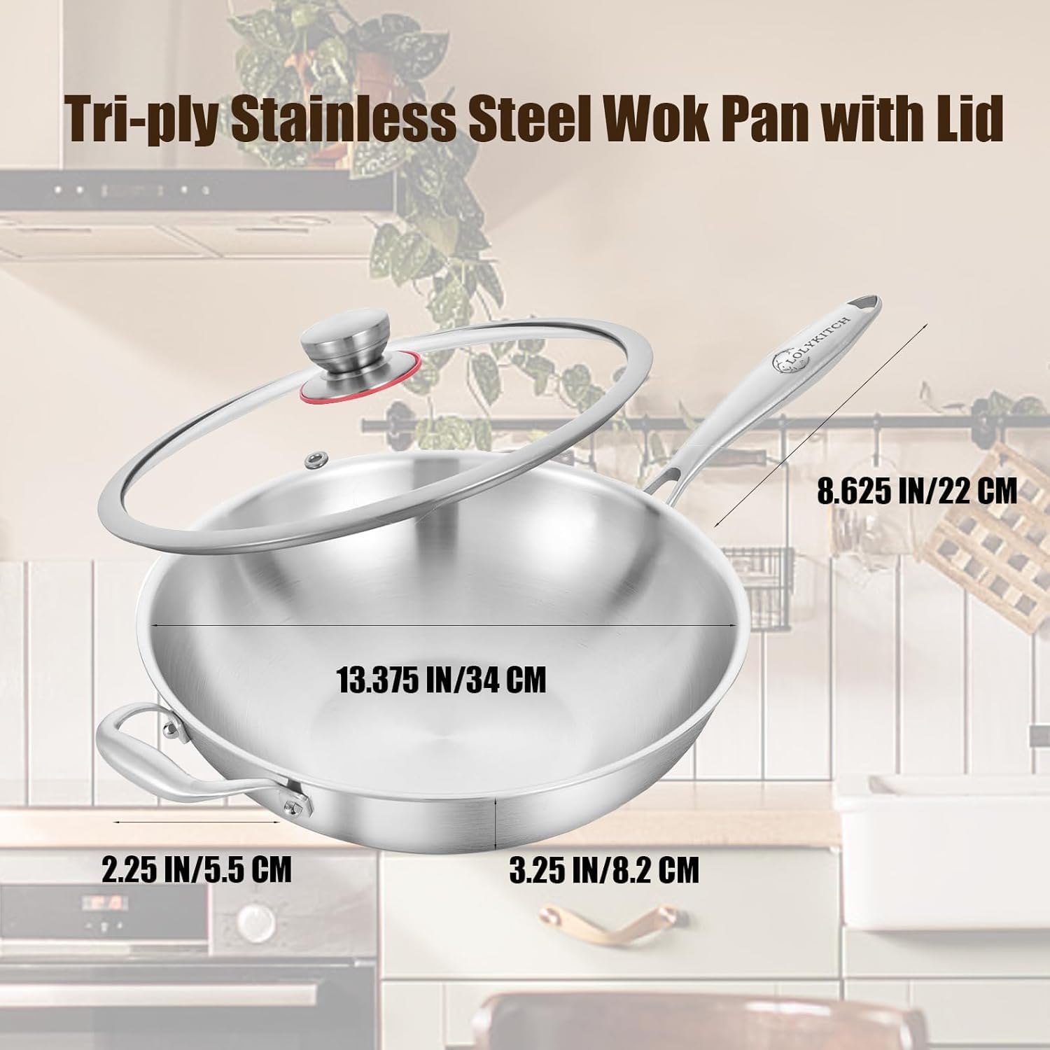 LOLYKITCH Wok 34 cm Inox 18/8, Sans Revêtement, Induction, Couvercle | acier 18/8 , structure triple fond, adapté tous feux, passe au four et lave-vaisselle, cuisson homogène et durable