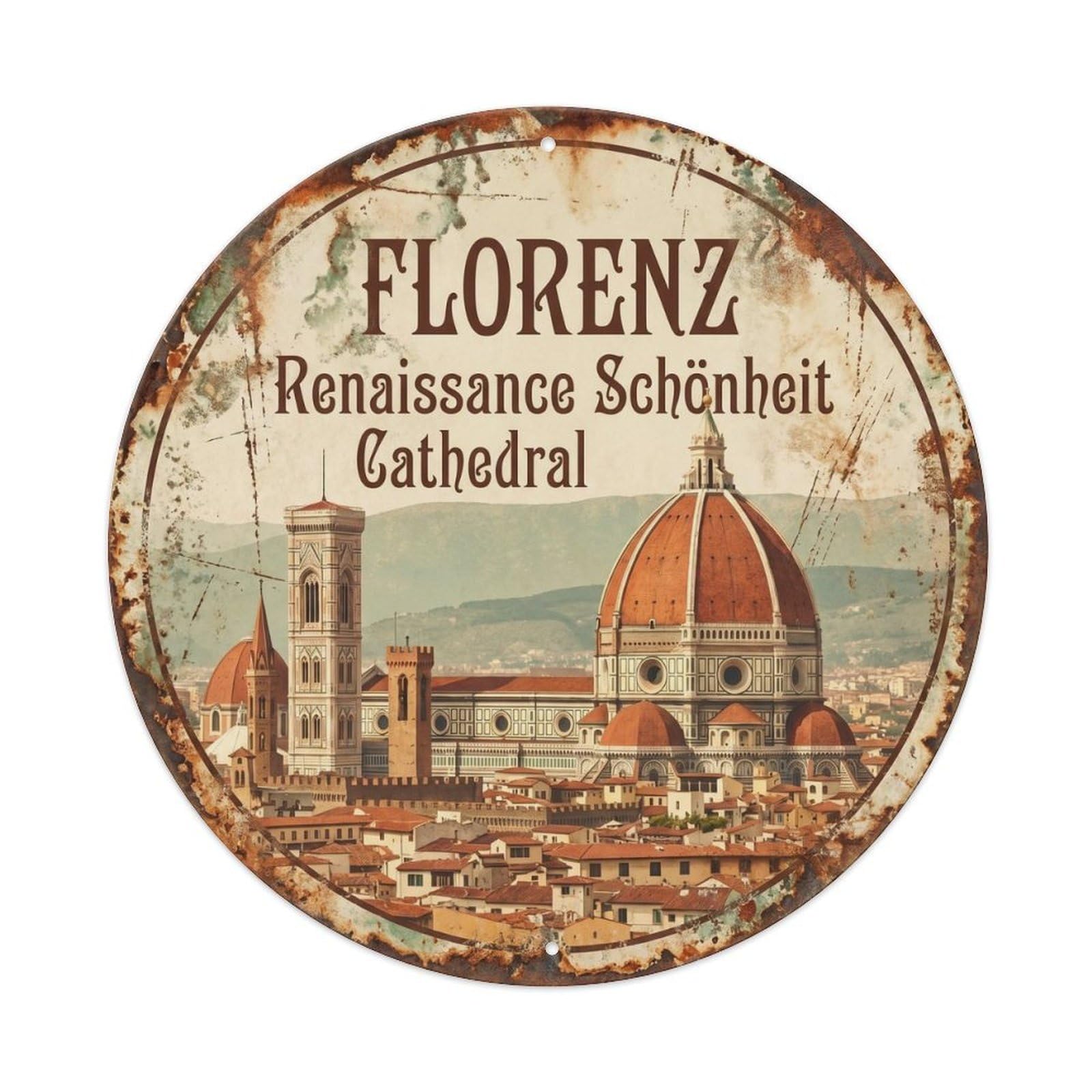 Vintage Travel Florence Duomo Cathedral Metal Tin Sign Plaque Wall Decor for Cafe, Club, Garden Round Metal Poster 8x8Inch