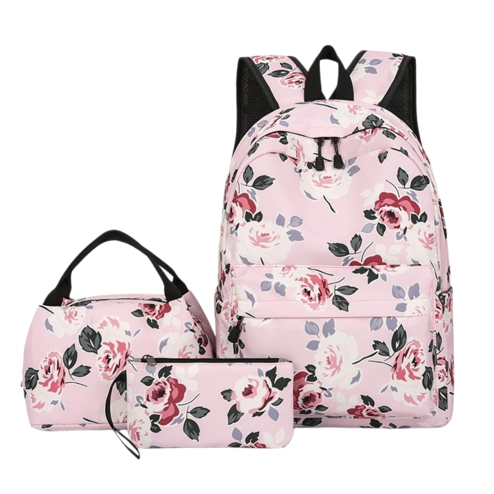 Zaino da Viaggio Rosa Floreale 3-in-1 Set per Scuola Resistente all'Acqua con Borsa A Pranzo E Custodia Matita Ragazze