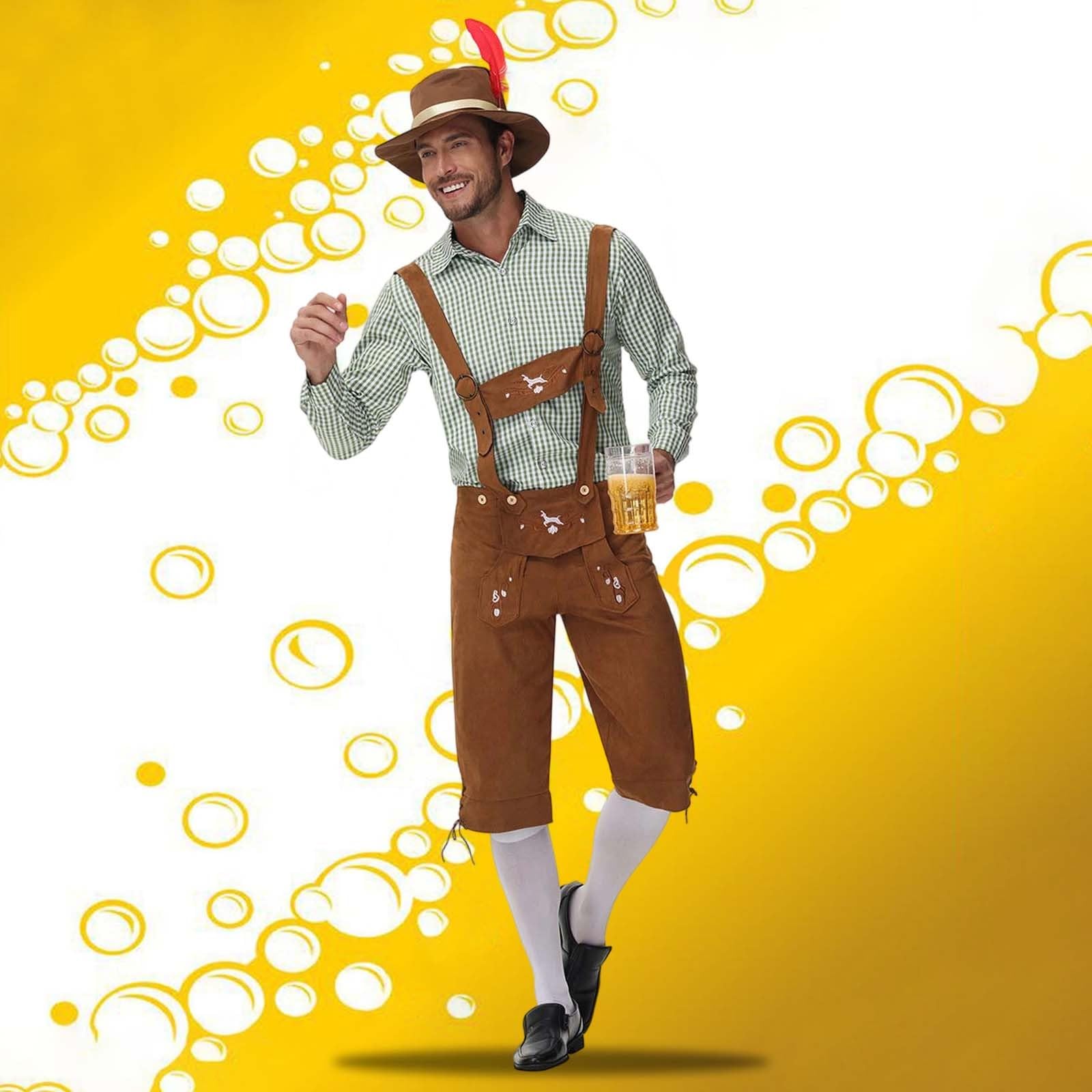 Lederhose Herren Kurz Braun,Lederhosen Mit TräGern Trachtenhose Mit Stickerei Elegant Und Bequem Trachtenhosen Hemd Oktoberfest Lederhose Outfit