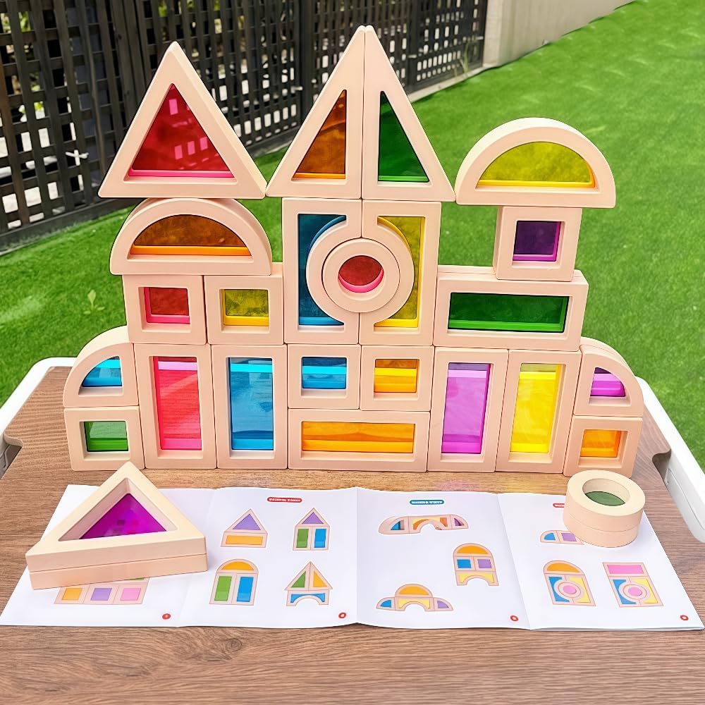 Rainbow Acrylic Blocks 25 PCS, Translucent Light Table Building Set, Montessori Sensory Toys for Toddlers 1-3, Preschool Educational Stacking Gifts for Boys Girls