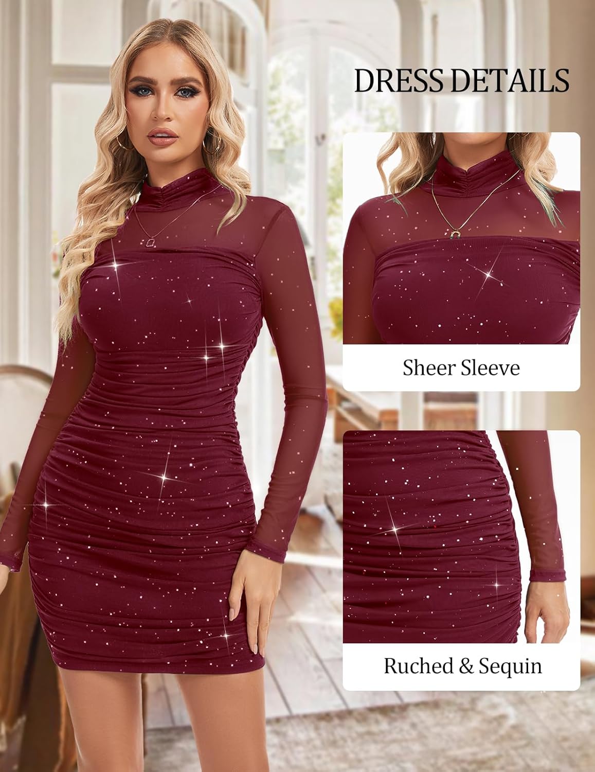 Meetjen Women's Ruched Bodycon Dress Sheer Mesh Long Sleeve Mock Turtleneck Sexy Sequin Mini Cocktail Club Party Dresses - Image 5