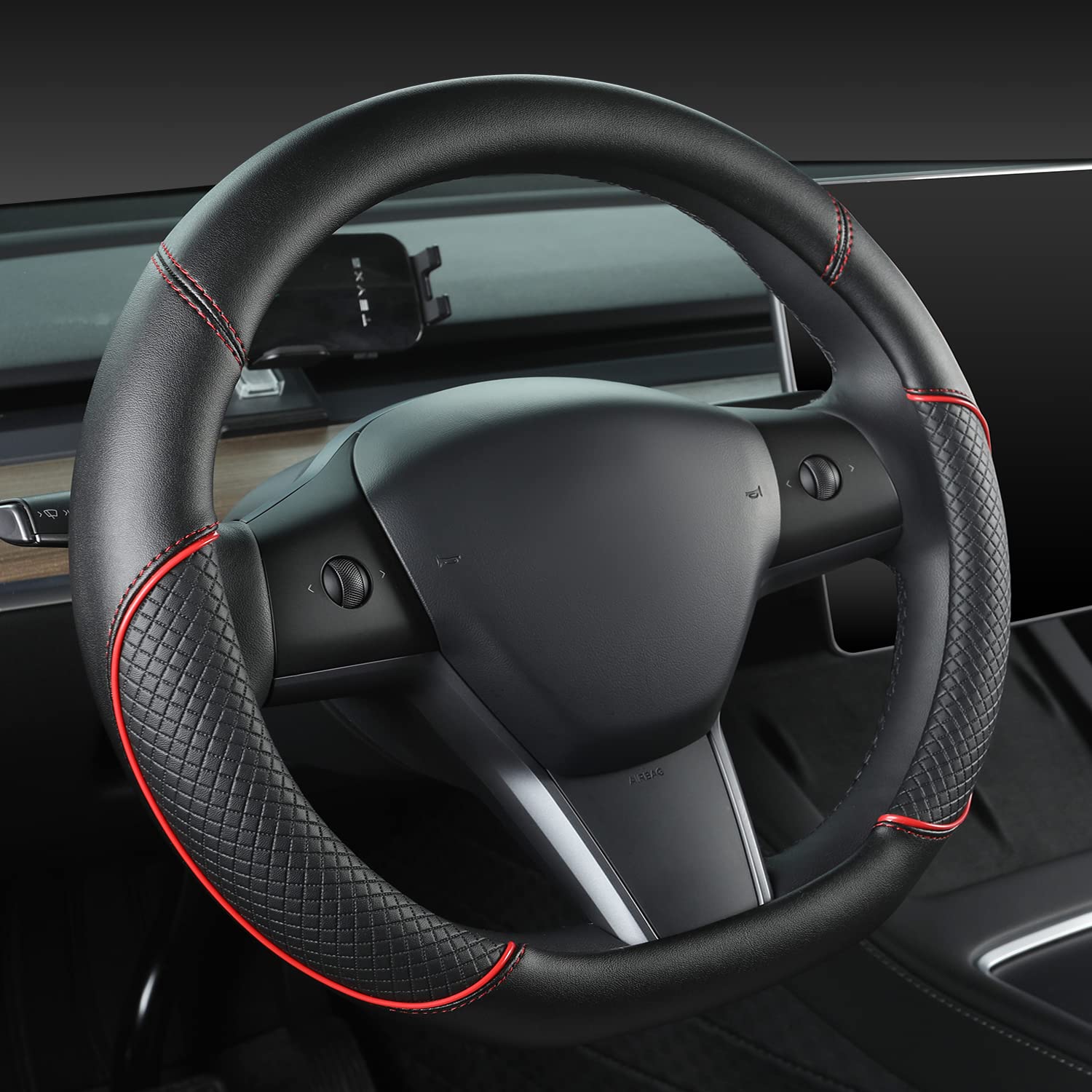 GIANT PANDA Housse de Volant en Cuir PU Compatible avec Tesla Model 3 / Tesla Model Y,Volants Forme D - Noir + Rouge