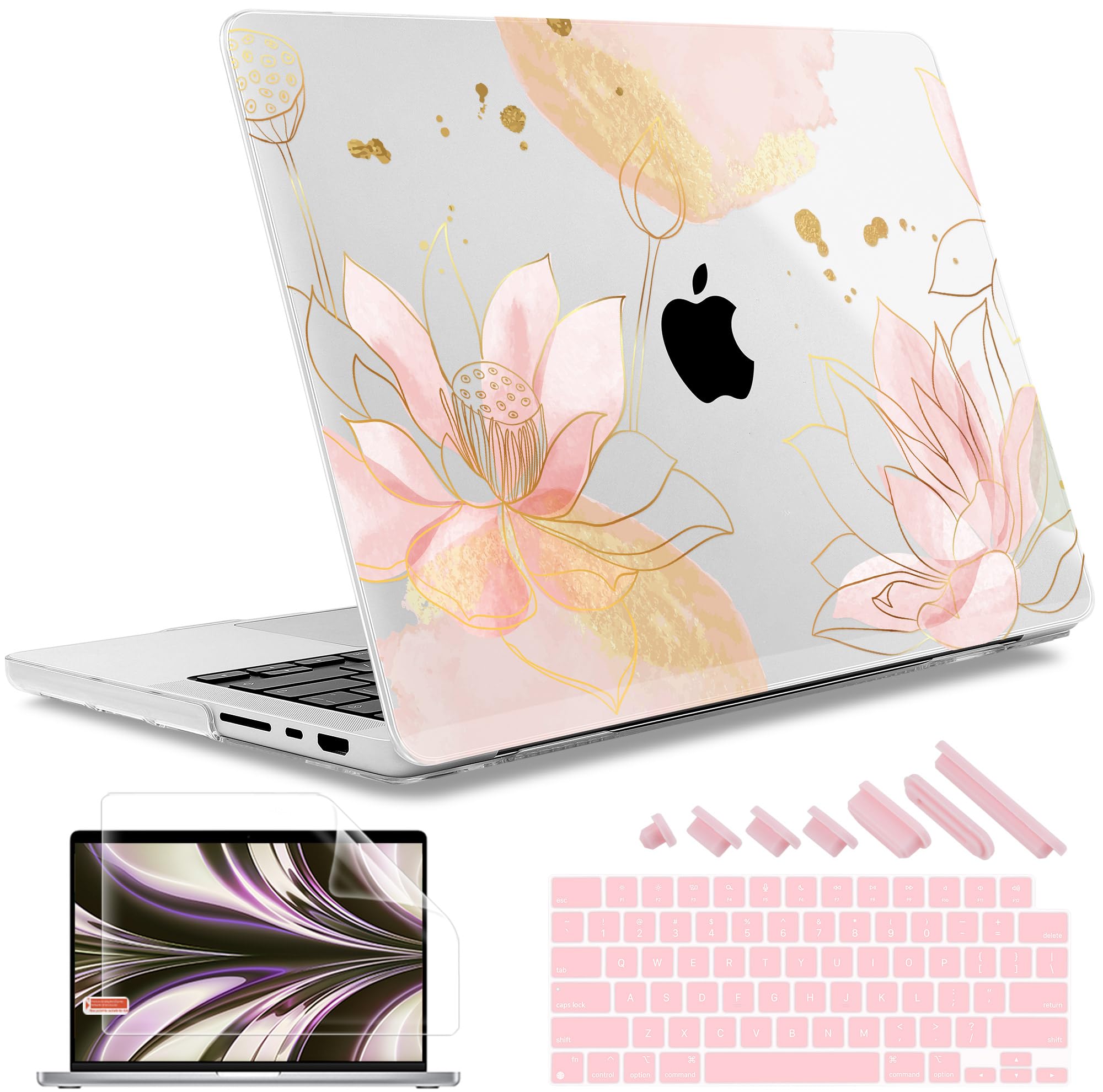 May Chen Case for M4 MacBook Pro 14 inch Case A3112 A3401 Max A3185, M3 A2918 A2992, M2 A2779 M1 A2442, 2024 2023 2022 2021 Release, Plastic Hard Shell with Keyboard Cover, Luxury Lotus Flowers