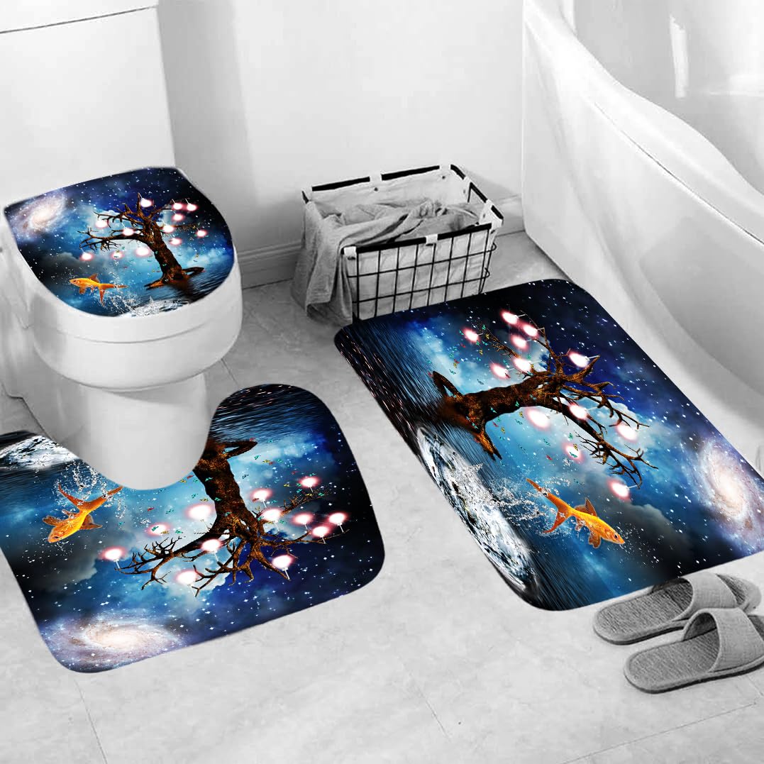 Juego De 3 Alfombras De Baño Árboles Y Peces Alfombra De Secado Rápido 50×80 Cm, Cubierta De Inodoro, Alfombra Tipo U Antideslizante Y Cortina De Baño