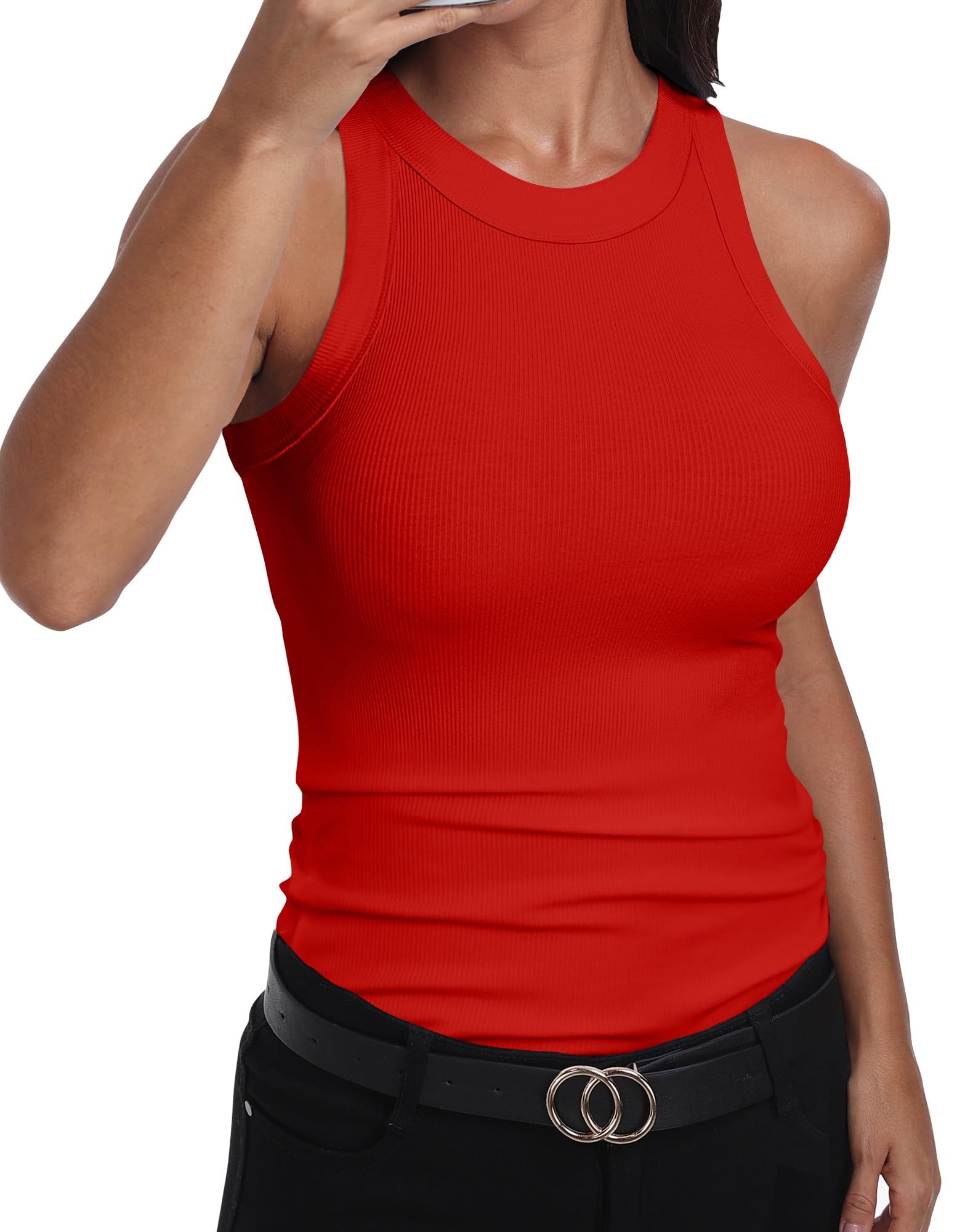 GEMBERA Womens Sleeveless Racerback High Neck Casual Basic Cotton Ribbed Fitted Tank Top