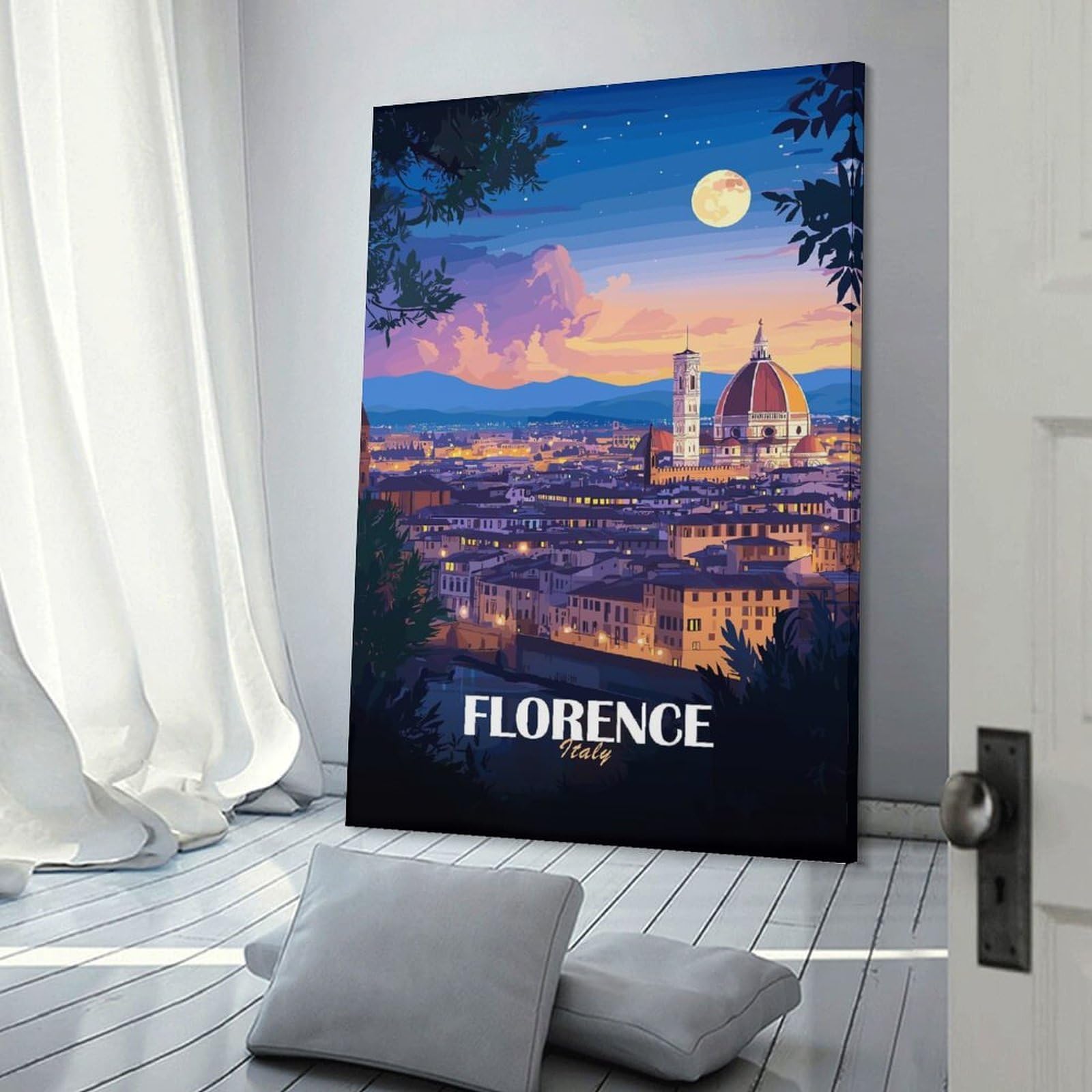 Junmoney Florence, Italy at Night Canvas Wall Picture, 16x24inch(40x60cm), for Front Hall, Corridor Or Welcome Spaces, Wall Decor to Refresh Empty Corners