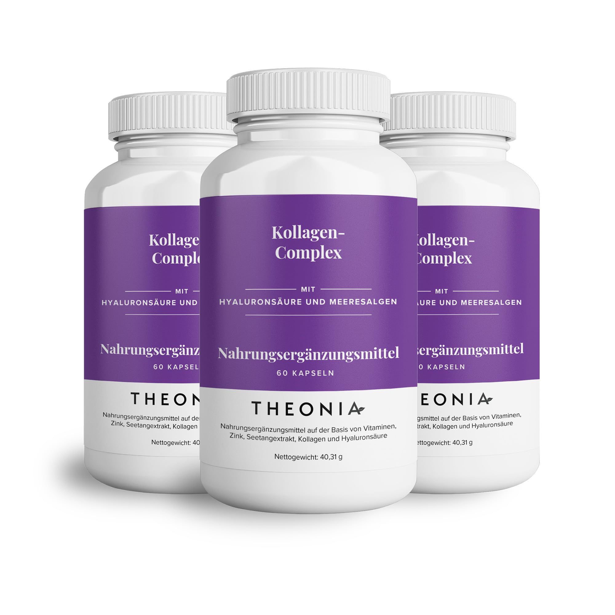 Theonia Kollagen Complex Hyaluronsäure & Seetang, Vitamin E, C, Biotin – Gesunde Nägel, Haut, Haare, Gelenke, Stoffwechsel - Typ 1 Meereskollagen – frei von Gentechnik, 180 Kapseln