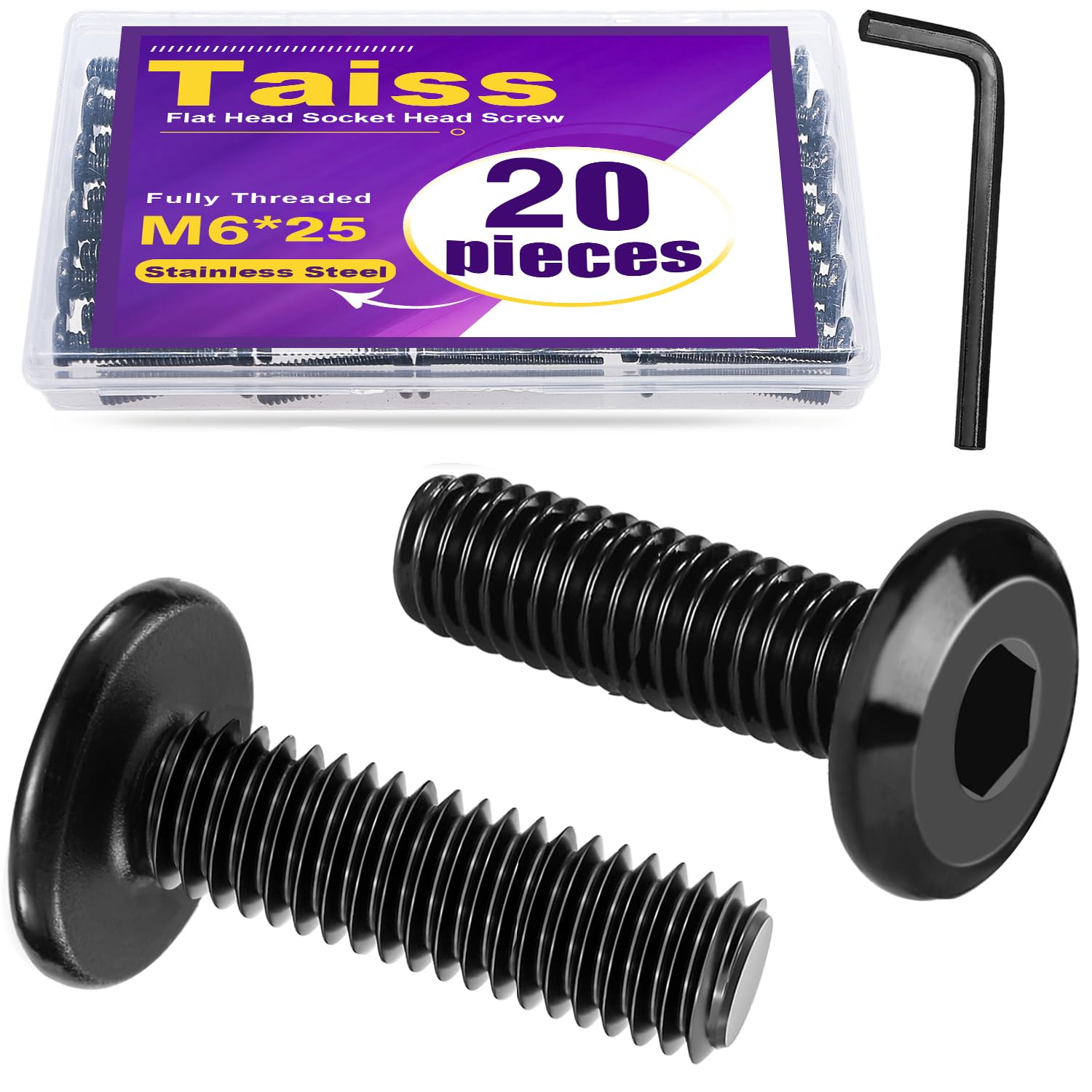 Taiss 20pcs M6 x 25mm Flat Head Socket Head Screw Furniture Bolts,Furniture Screws Stainless Steel 18-8(304),M6 Bolts Black Zinc Plated Fully Threaded
