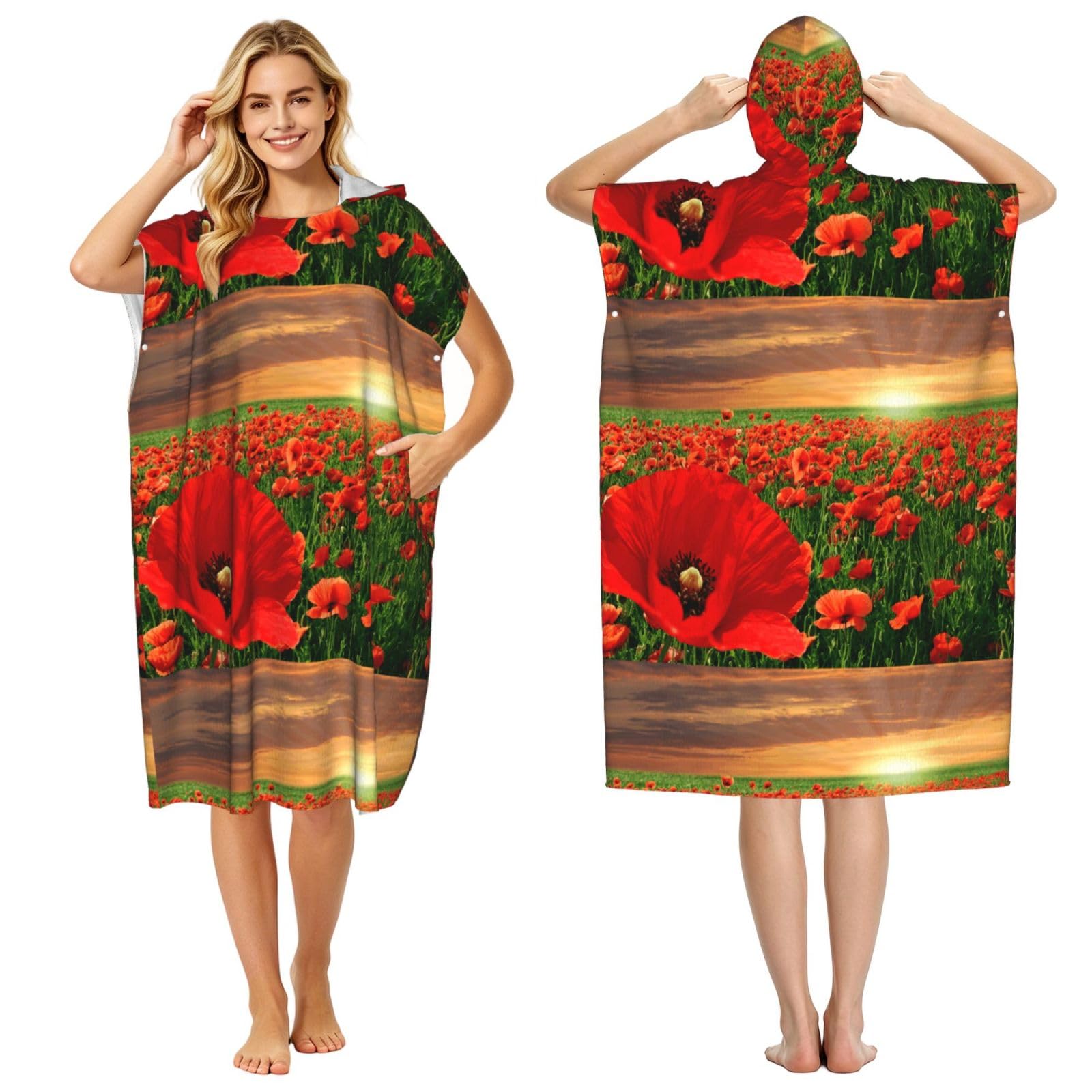 Poadnly Sunset Poppy Field, Adult Hooded Beach Towel 90 x 110 cm,Changing Bath Robe, Surf Poncho Towel For Women Men