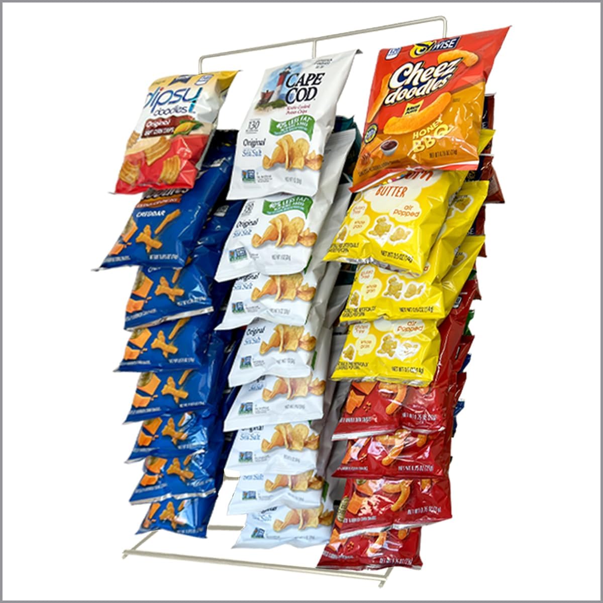 Snack Rack Countertop Display Stand, Metal, 3 Rows, 45 Clips, Off-White, holds Potato Chips Bags, Candy at Retail, Deli, Cafe, Convenience Stores, Product Merchandising Corp.,1 Pack