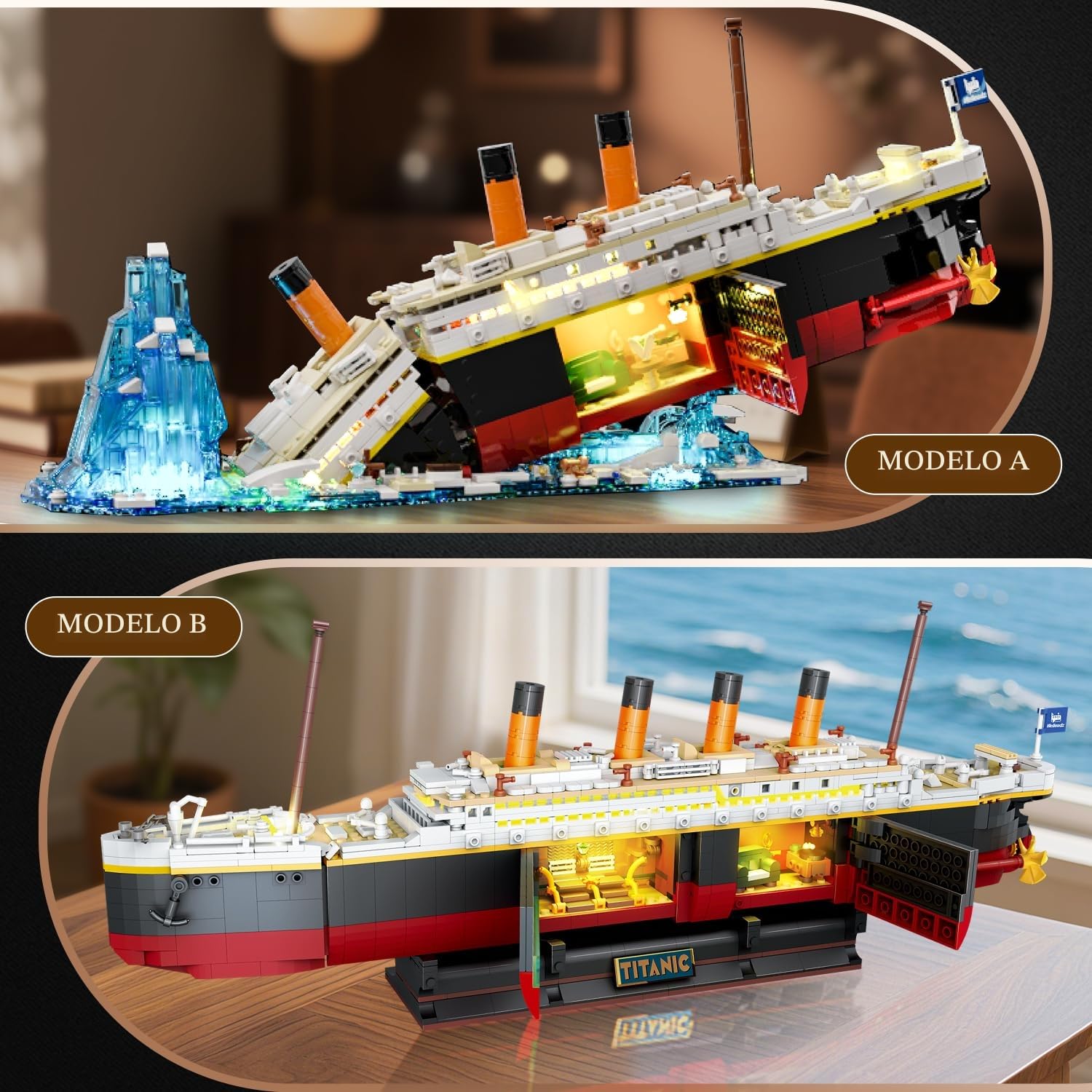 PLAXSOON Juego de construcción Titanic 2 en 1 con luces, 1935 piezas, kit de bloques de construcción mini de barco Titanic con soporte de exhibición de glaciar, modelo de barco de decoración del hogar