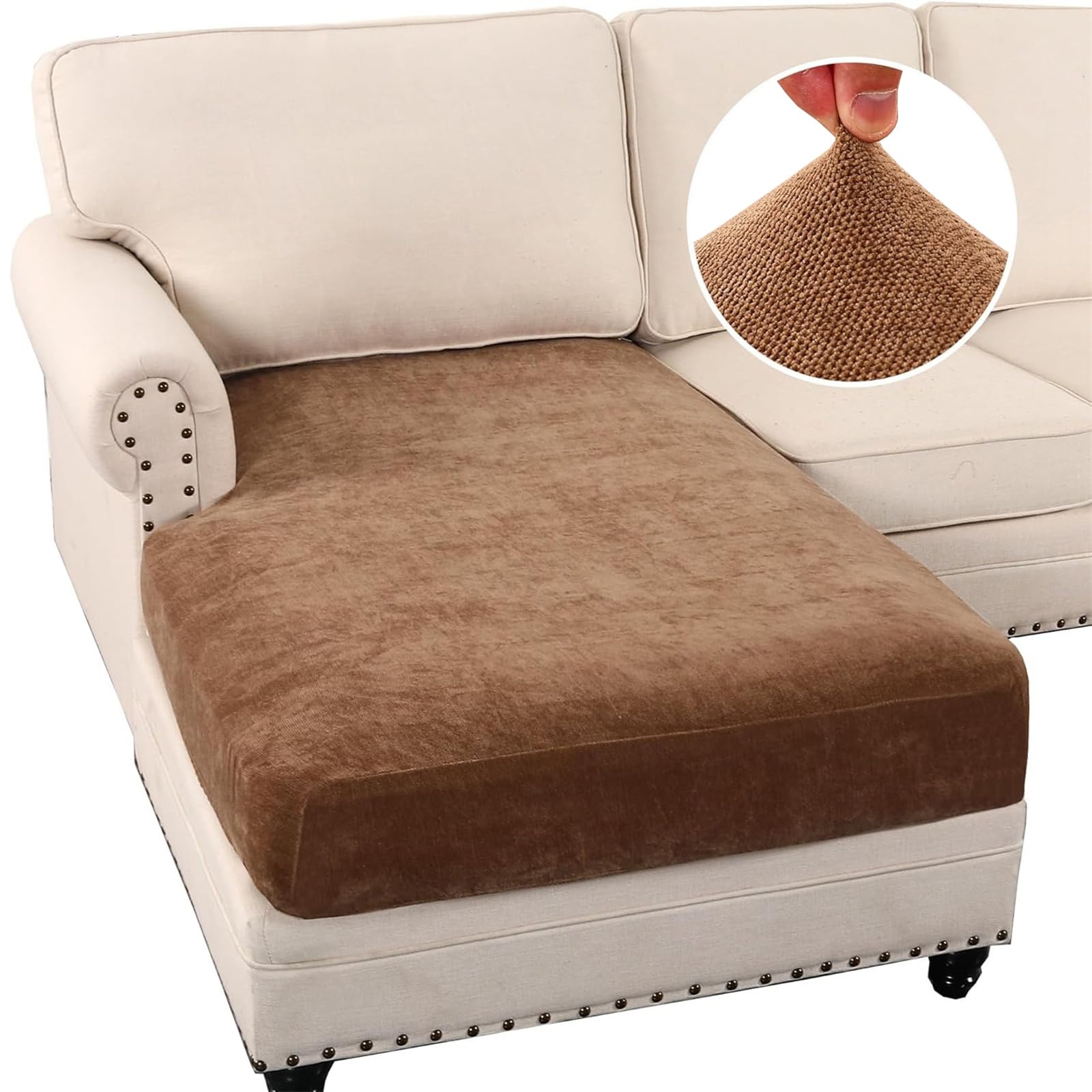 BXFUL Stretch Sofa Seat Cushion Covers, Chenille Sofa Cushion Slipcovers, High Stretch Couch Covers for Living Room Non Slip Furniture Slipcover with Elastic Bottom (Chaise Lounge,Caramel)