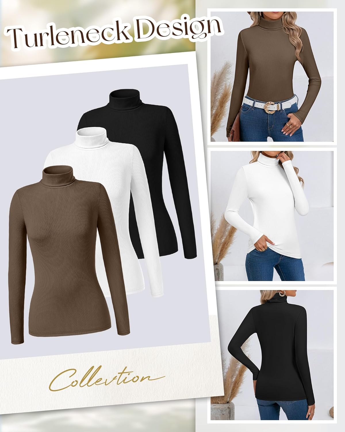 Ficerd 3 Pack Women's Ribbed Thermal Turtleneck Tops Long Sleeve Stretch Shirts Knitted Fitted Lightweight Base Layer - Image 5