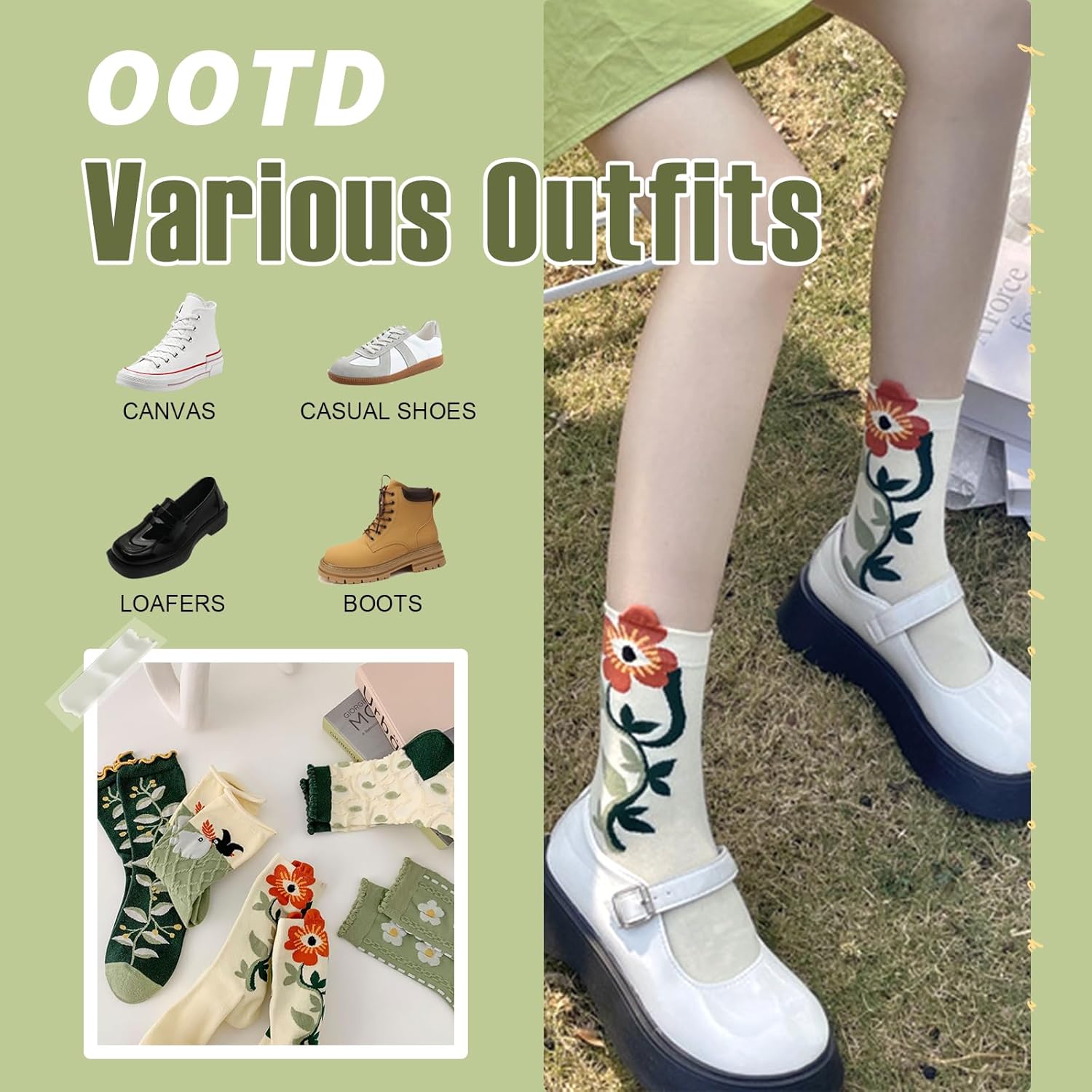 5 Pairs Floral Socks for Women Cute Embroidered Flower Crew Sock Cottagecore Frilly Vintage Fancy Cotton Socks - Image 7