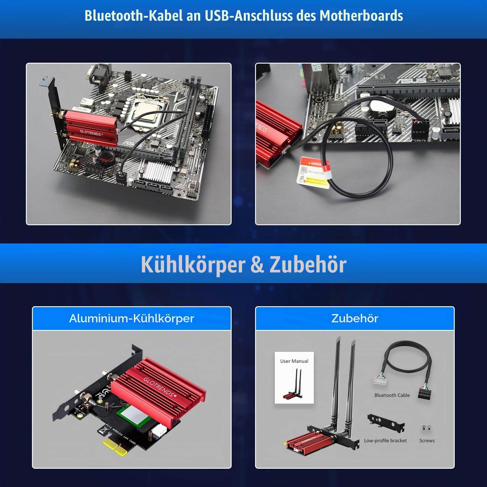 GLOTRENDS BE8774 WiFi 7 PCIe Karte für Desktop PC mit Intel BE200NGW Chip, 802.11be, Bluetooth 5.4, nur kompatibel mit Windows 11 24H2 oder höherer Version (unterstützt Keine AMD Motherboards)