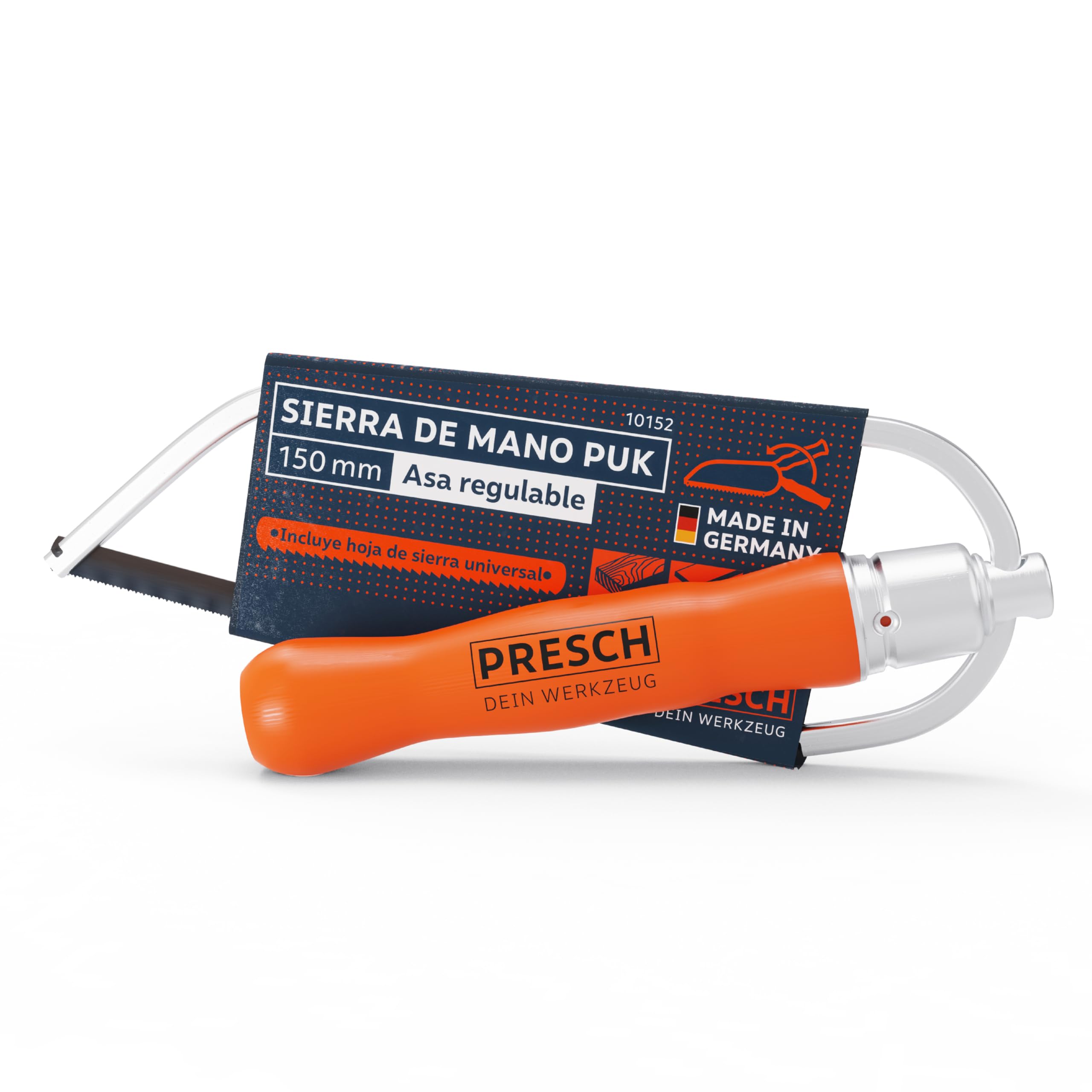 Presch Sierra de arco plegable PUK 150mm incl. hoja de sierra universal - Sierra plegable PUK con mango ajustable - Sierra pequeña para metal no ferroso, plástico, aluminio, todas las maderas