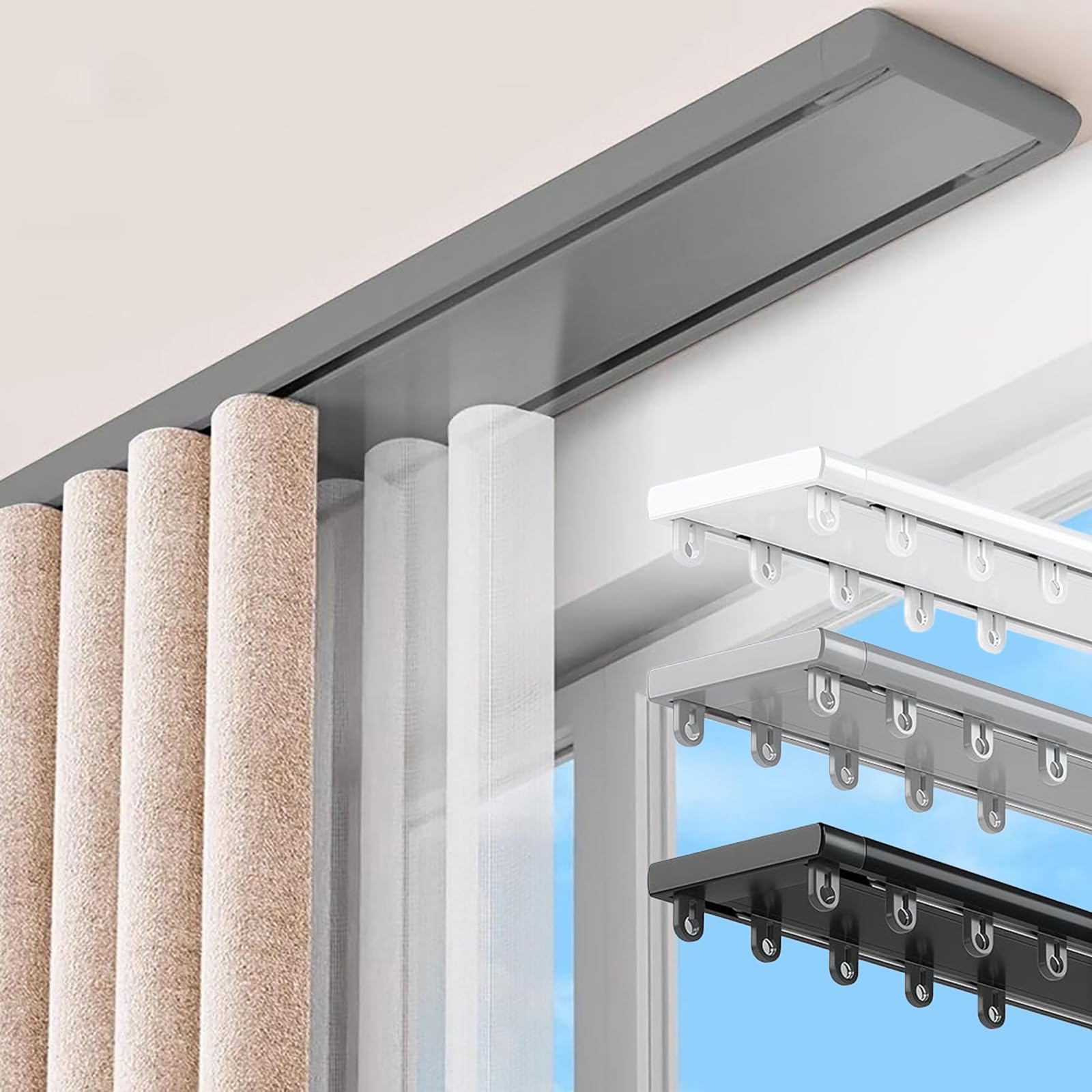 Asta a doppio binario montata a soffitto con rulli silenziosi per camper, doccia, camera da letto e finestre (2,2 m)