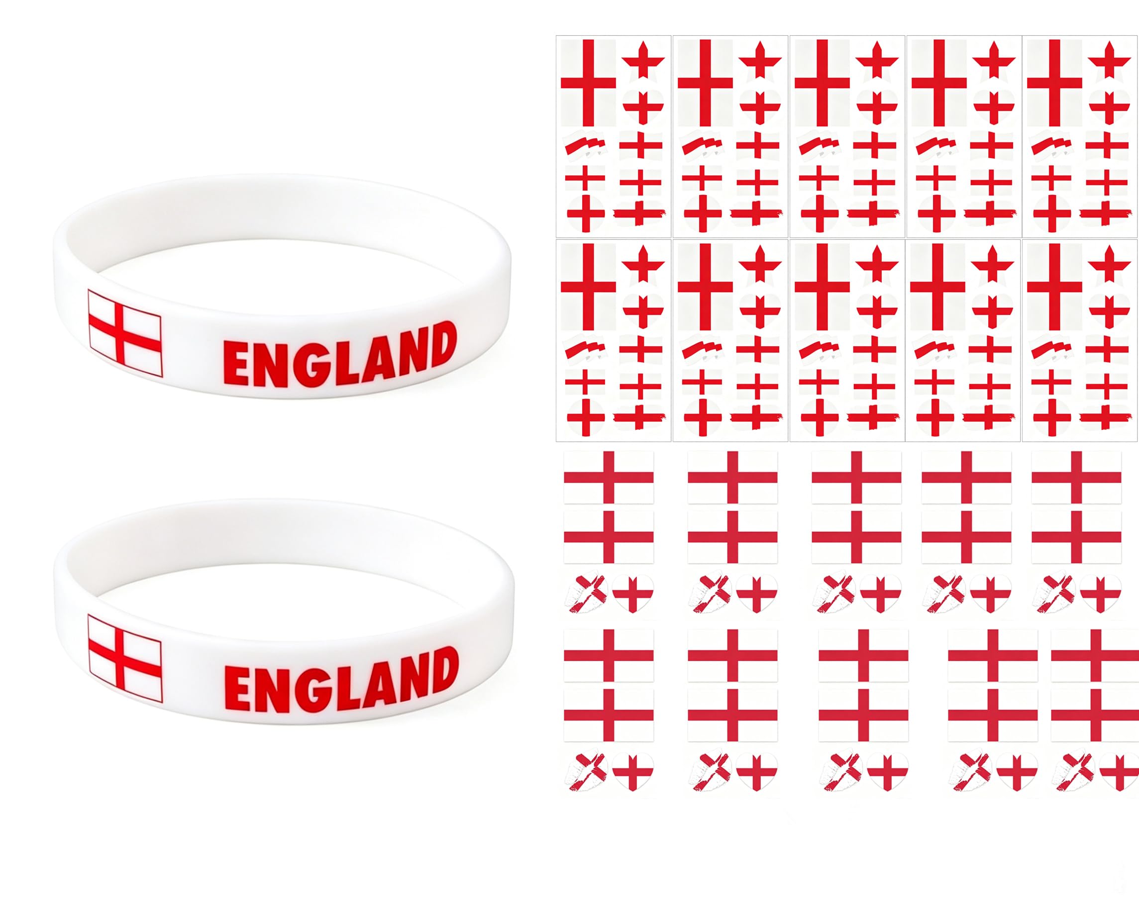FOURCHEN Temporary Tattoo Stickers for World Cup 2026, 20 Sheets Nation Flags Design, England St George Cross, with Silicone Wristbands, 2 Pack