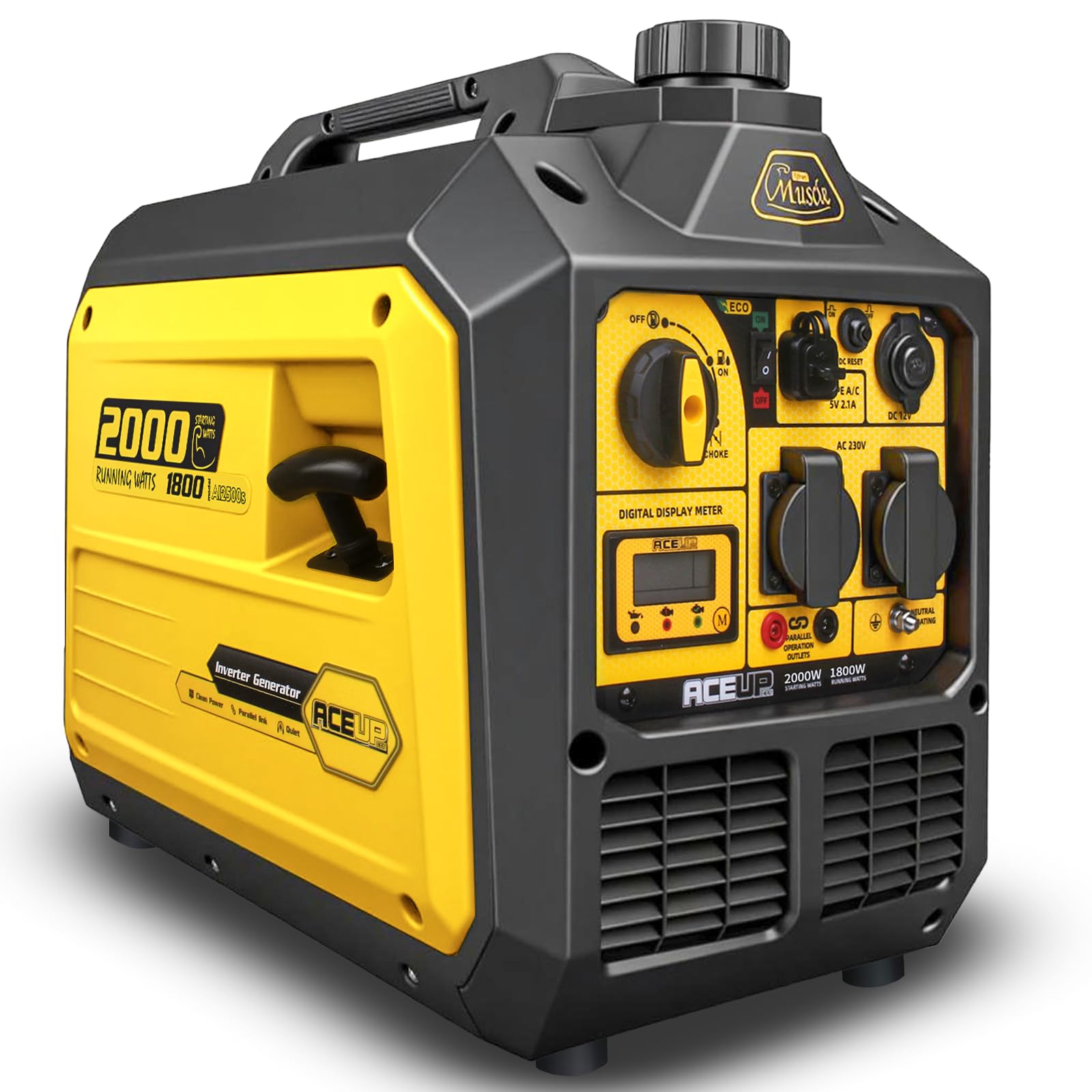 Aceup Energy - Grupo electrógeno de gasolina, 2000W generador de emergencia portátil silencioso con pantalla digital, modo ecológico, para acampar, exterior, uso doméstico, viajes en RV