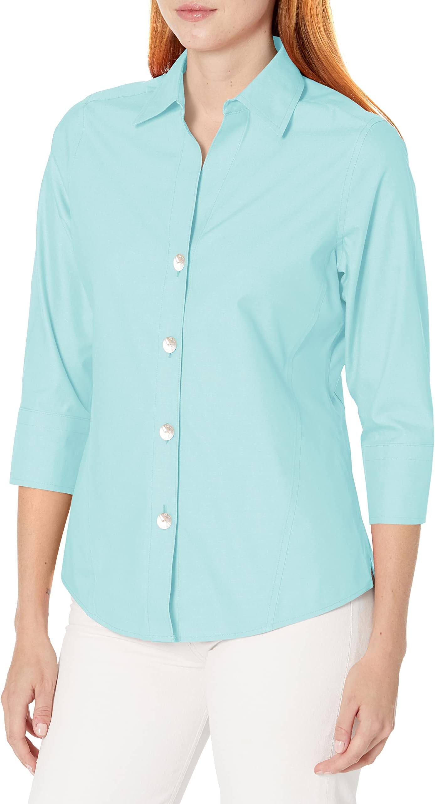 Foxcroft womens Paityn 3/4 Sleeve Solid Pinpoint Shaped Blouse Button Down Shirt