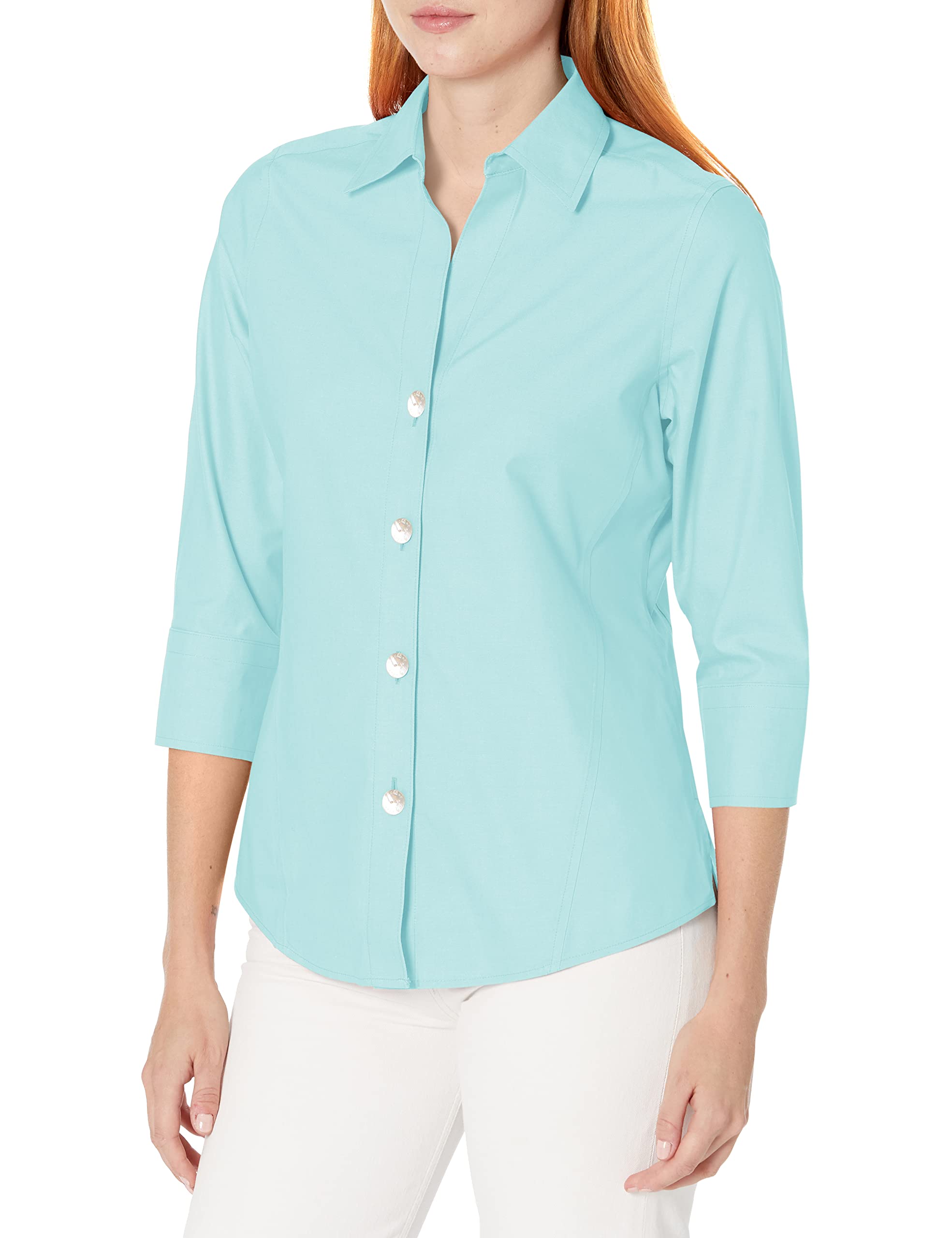 Foxcroft womens Paityn 3/4 Sleeve Solid Pinpoint Shaped Blouse Button Down Shirt