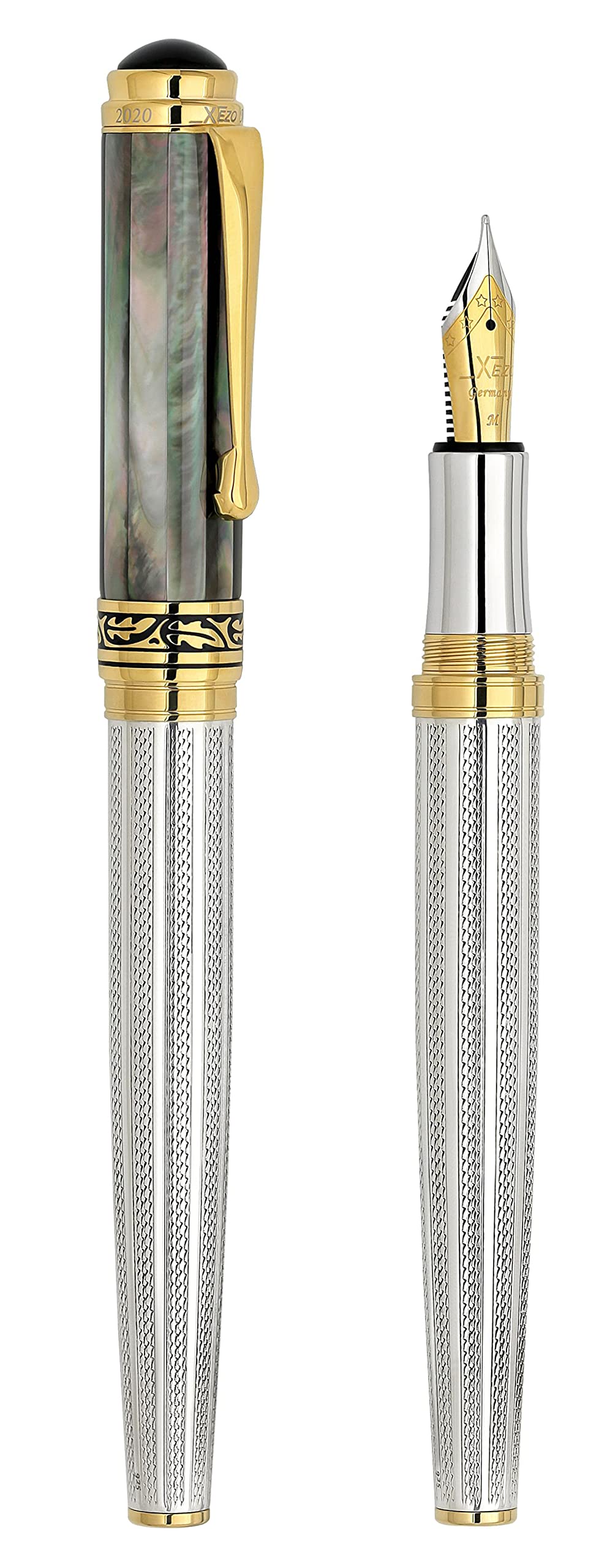 Xezo Penna stilografica Maestro, pennino medio. Argento 925 sterling con madreperla nera di Tahiti e placcatura in oro 18 carati. Realizzata a mano, edizione limitata, numerata
