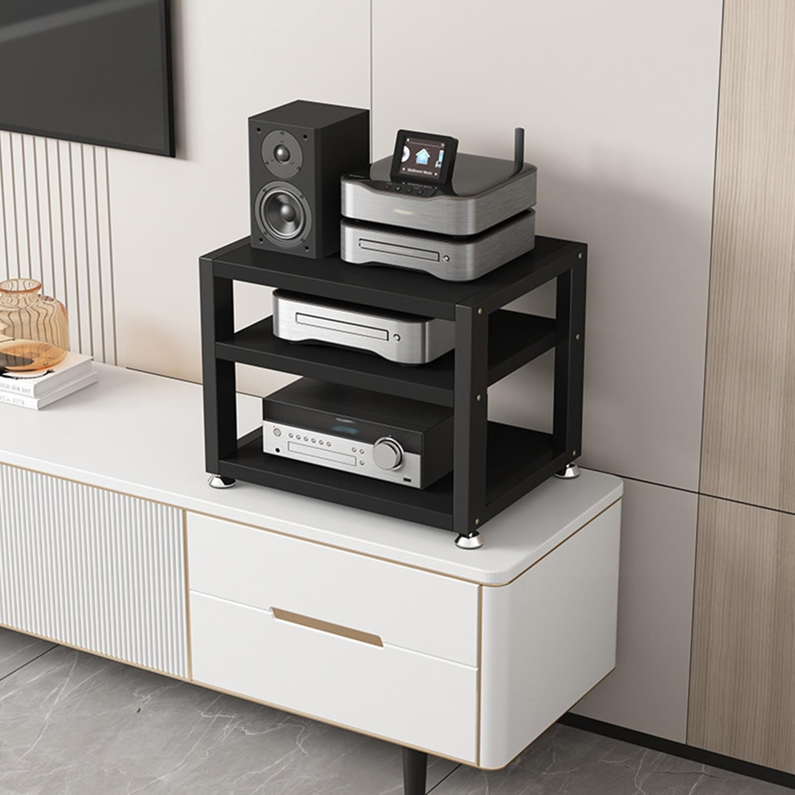 Mini Torre de Rack de Audio de Escritorio, Soporte Multimedia AV, Reproductor de CD, Soporte for Consola fe Juegos, Gabinete de Componentes Estéreo(Black,2 Tier 23cm/9in)