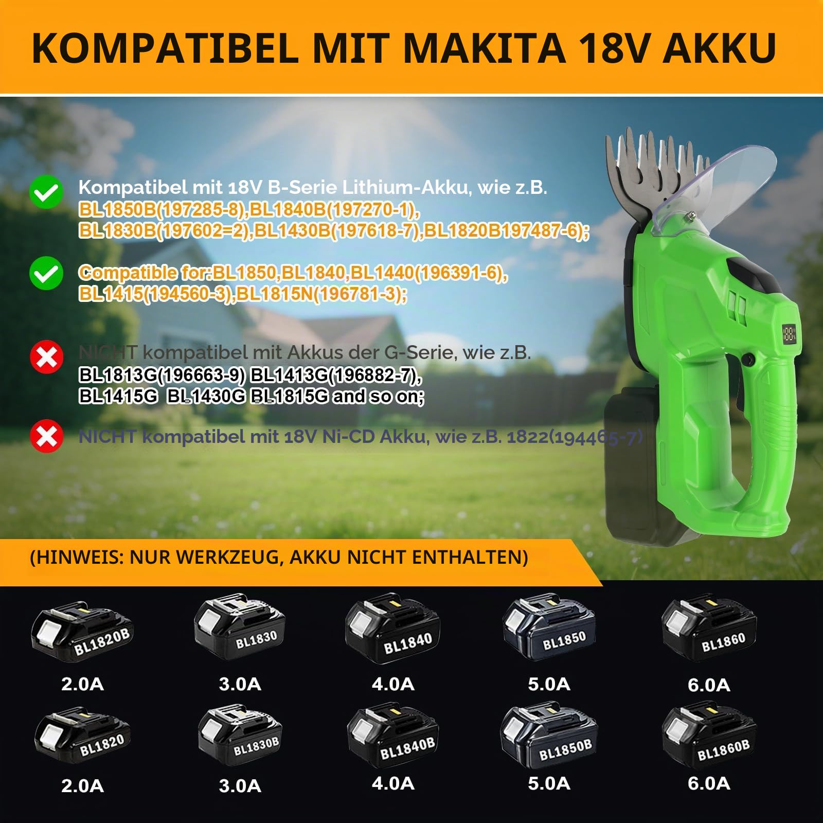 2-IN-1 Grasschere und Heckenschere Kompatibel mit Makita 18V Akkus