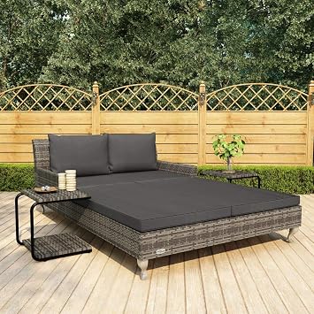 Garden Bed, Outdoor Bed, 2-Person Patio Sun Bed with Cushions Poly Rattan Grey,Outdoor Chaise Lounge Chair for Beach, Sunbathing, Patio, Pool, Lawn, Deck, Lay Flat Portable Lightweight