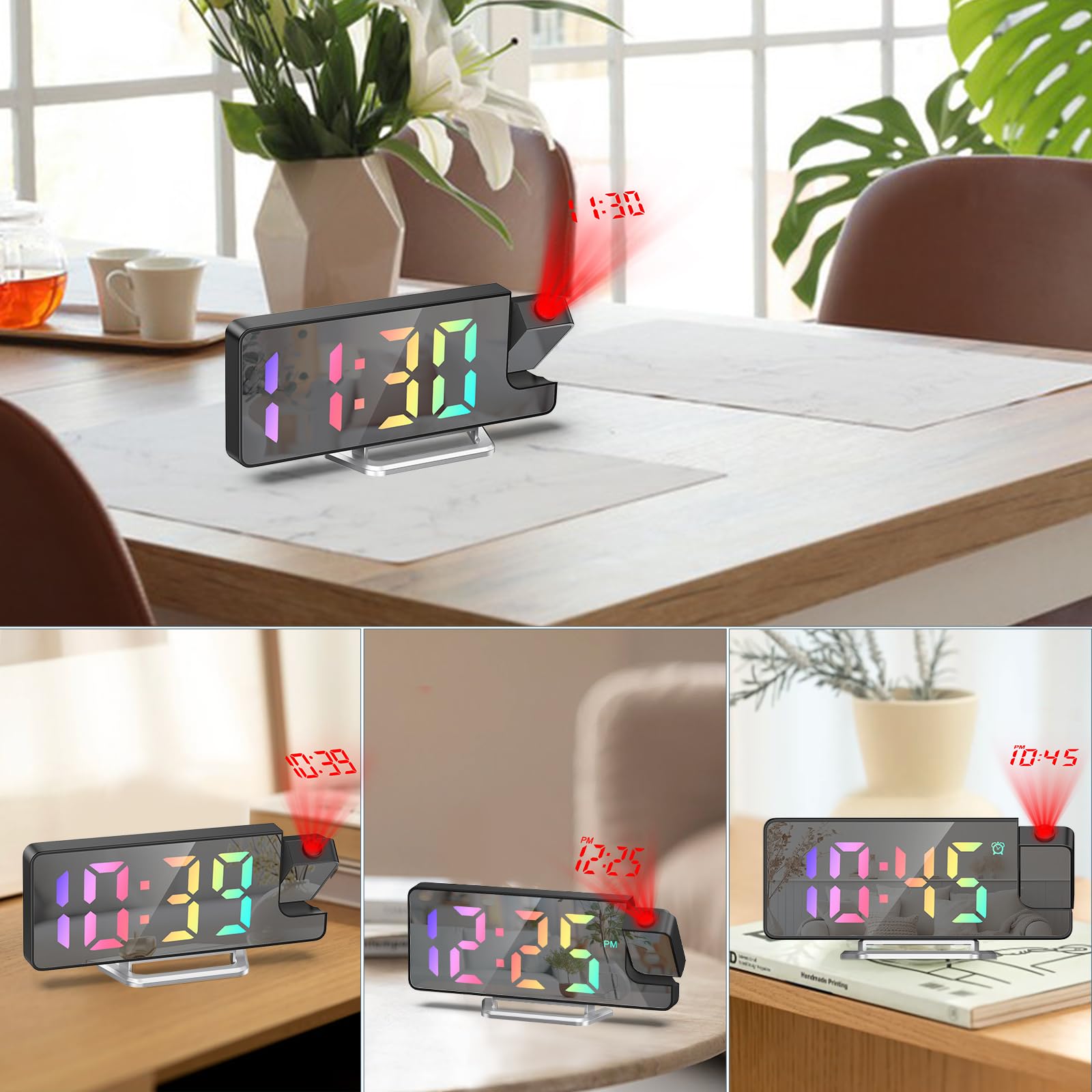 New Projection Alarm Clock, cyfrowy budzik z wyświetlaczem temperatury, 180° Flip Projection Clock, elektroniczny zegar stołowy, 3 ustawienia jasności, wyświetlacz 12/24 godzinny, kolorowy