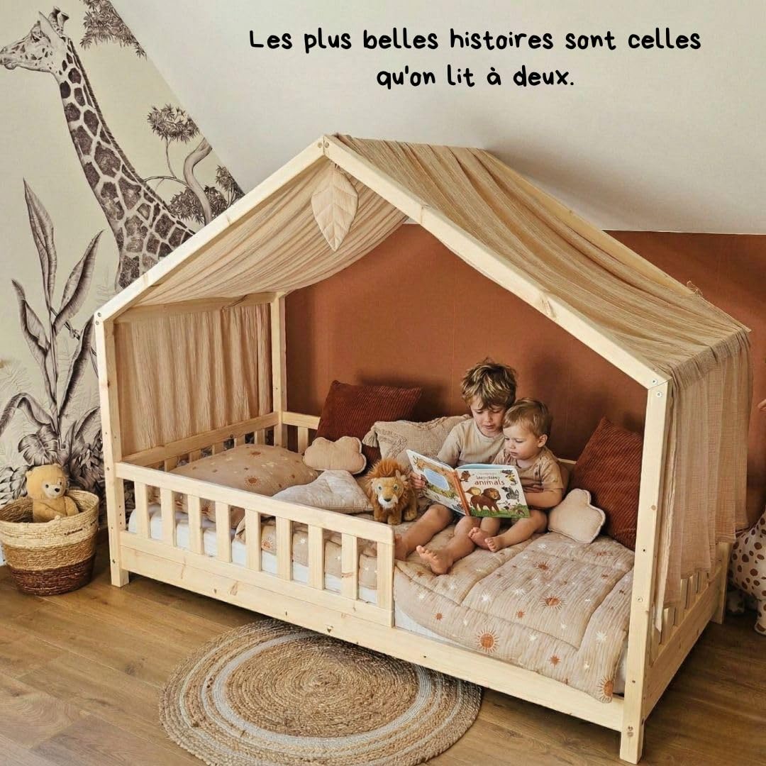 Ciel de lit cabane,100x350 cm, Coton Biologique Beige, décoration pour Chambre bébé ou Enfant. Inclus : 1 Toile lit cabane; 1 Feuille de décoration et Les Attaches Pratiques.