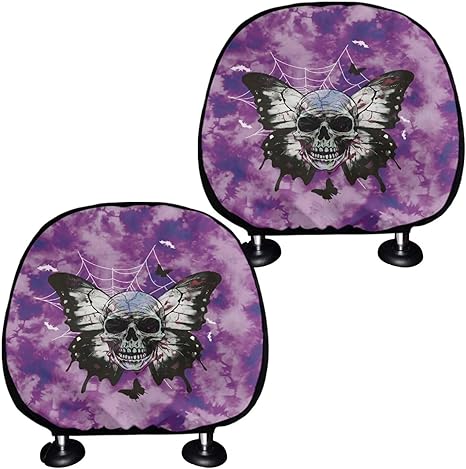 Babrukda Car Seat Head Rest Cover Tie Dye Skull Butterfly Headrest Cover 2PCS Set, New Interchangeable Auto Seat Cushion Protector Fit Most Sedan Van SUV Truck