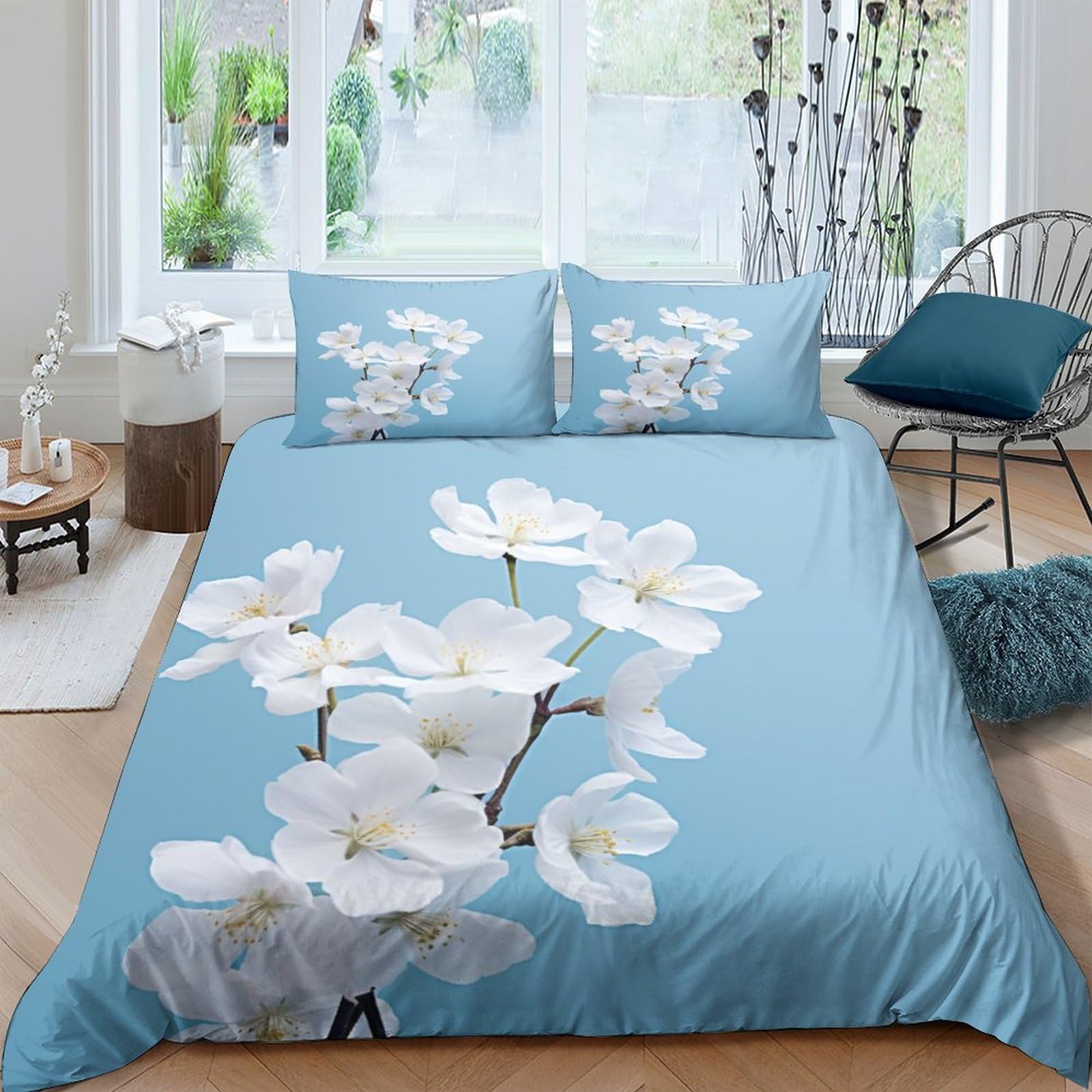 Parure de lit 200x200cm bleu avec housse de couette en microfibre et taies IOFEER