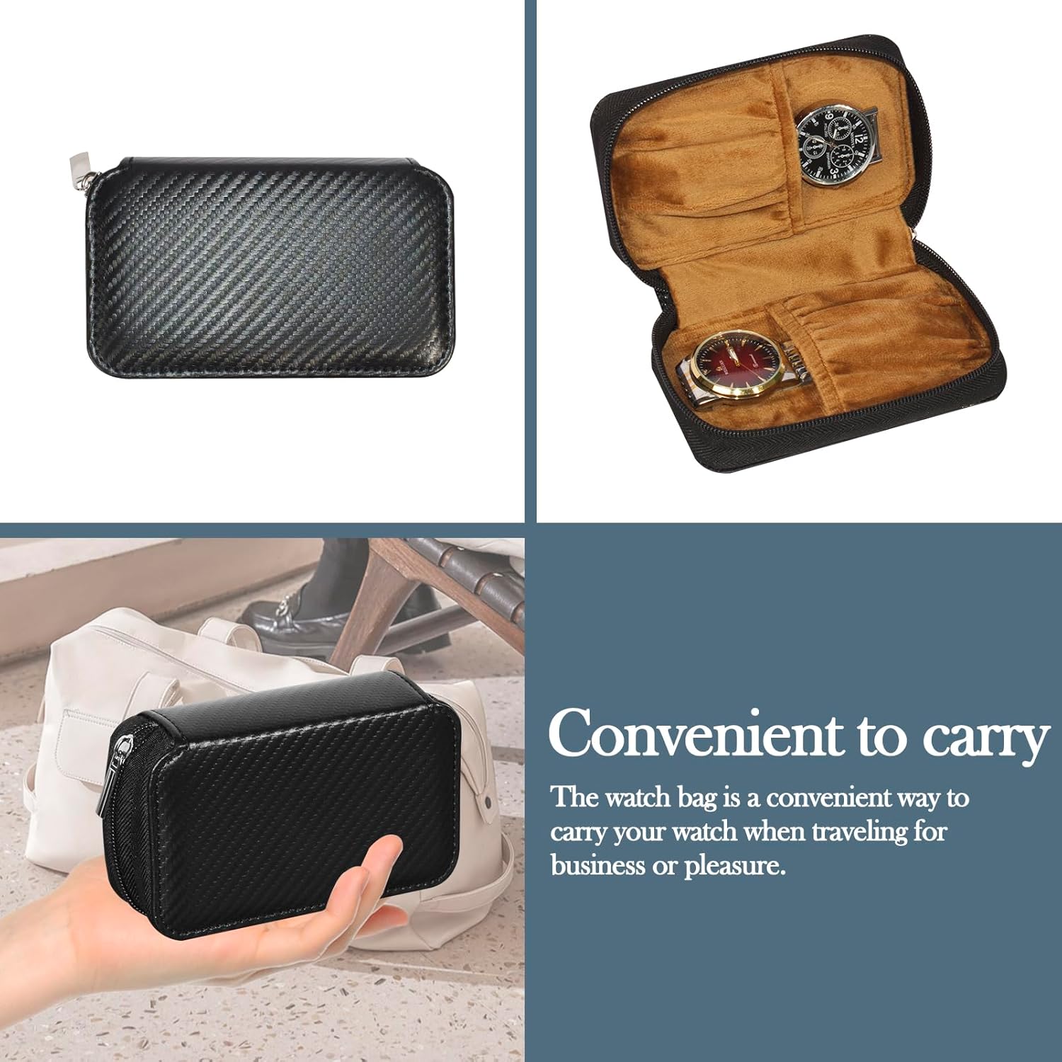 Watch Box and Watch Storage Bag Set,3 Compartment Watch Display Box with Drawers and a Portable Watch Case, Men's Watch Box with Glass Lid, 2 Tier Jewelry and Watch Organizer