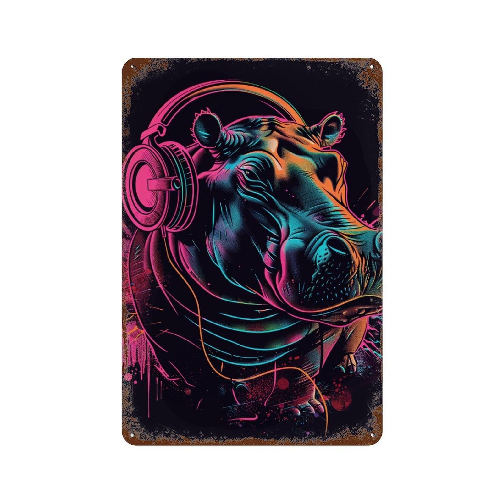 Rust Effect Hip Hop Hippo Headphones Art Print Rusty Metal Tin Sign 11.8"x7.9", Farmhouse Wall Decor for Cafe, Home Bar And Lounge Decor
