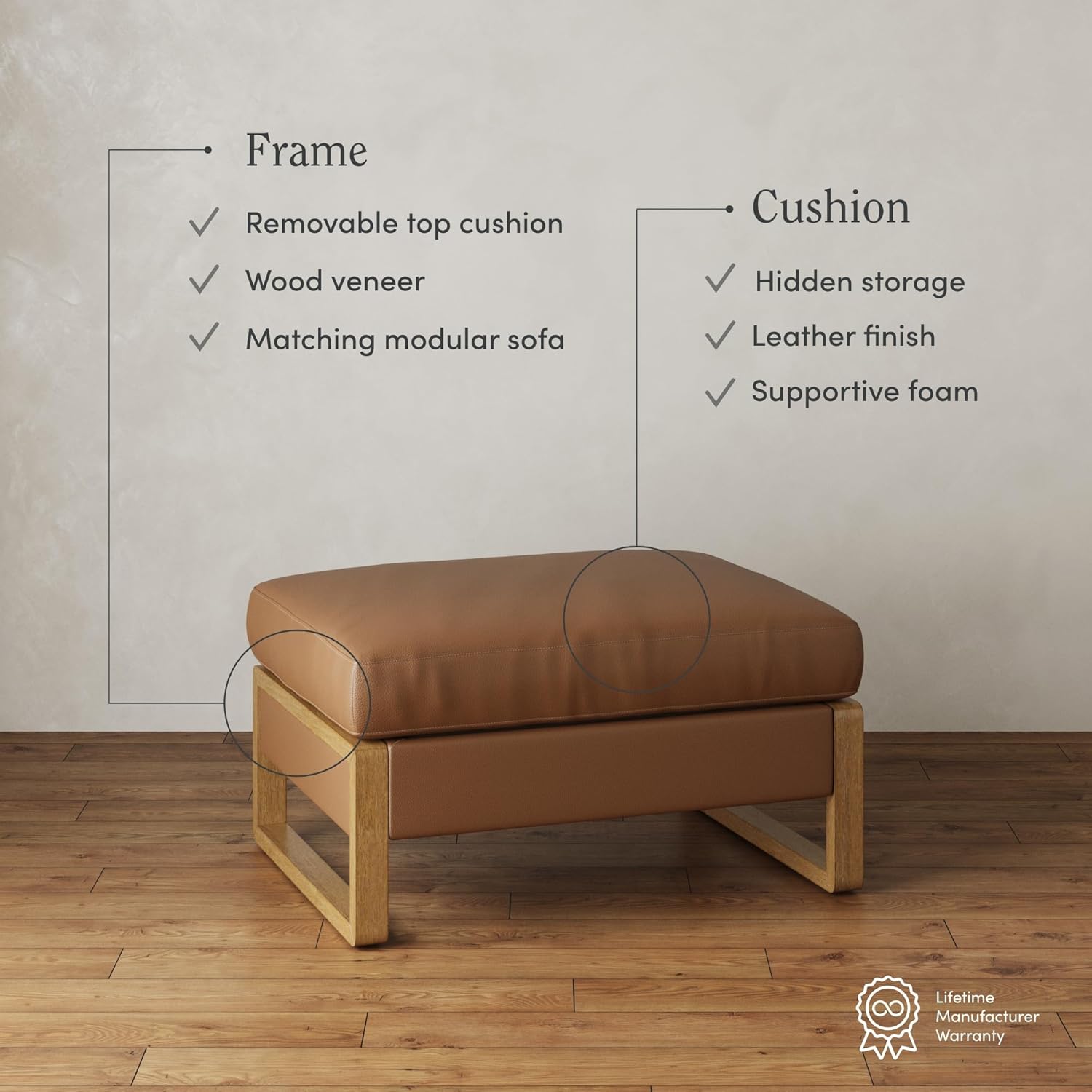Nathan James Madison Modern Faux Leather Ottoman with Storage, Upholstered Ottoman with Solid Wood Legs, Brushed Light Brown