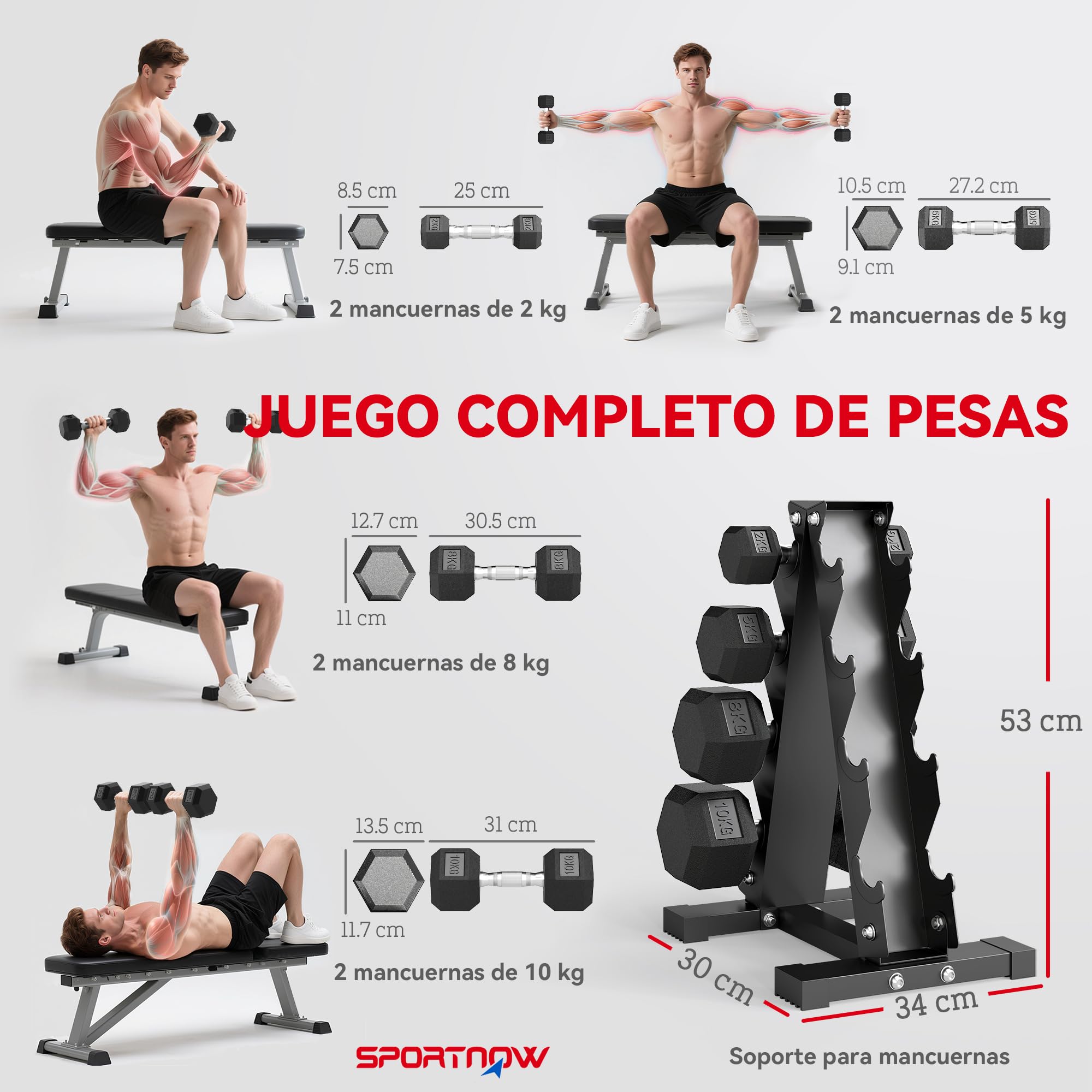 SPORTNOW Juego de Mancuernas Hexagonales 6/8 Piezas 36/50 kg con Soporte | 2x4kg, 2x6kg, 2x8kg, Soporte Almacenamiento, Recubrimiento Goma, Mango Antideslizante, Entrenamiento Casa Gimnasio