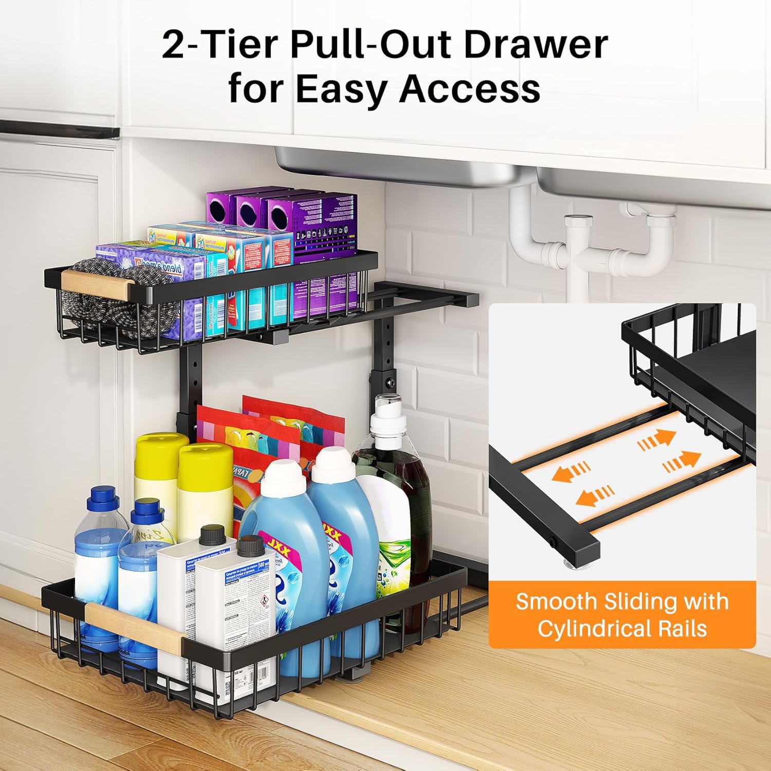 PXRACK Paquete de 2 organizadores para debajo del fregadero, altura ajustable, organizador extraíble de 2 niveles, estante de metal grueso, almacenamiento deslizante debajo del fregadero para cocina