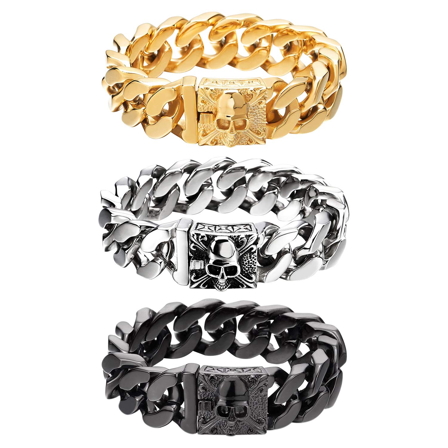 Flongo Pulsera De Acero Inoxidable Para Hombre: Brazalete De Eslabones Negros Estilo Hip Hop - Pulsera De Calavera Estilo Punk Rock Motero