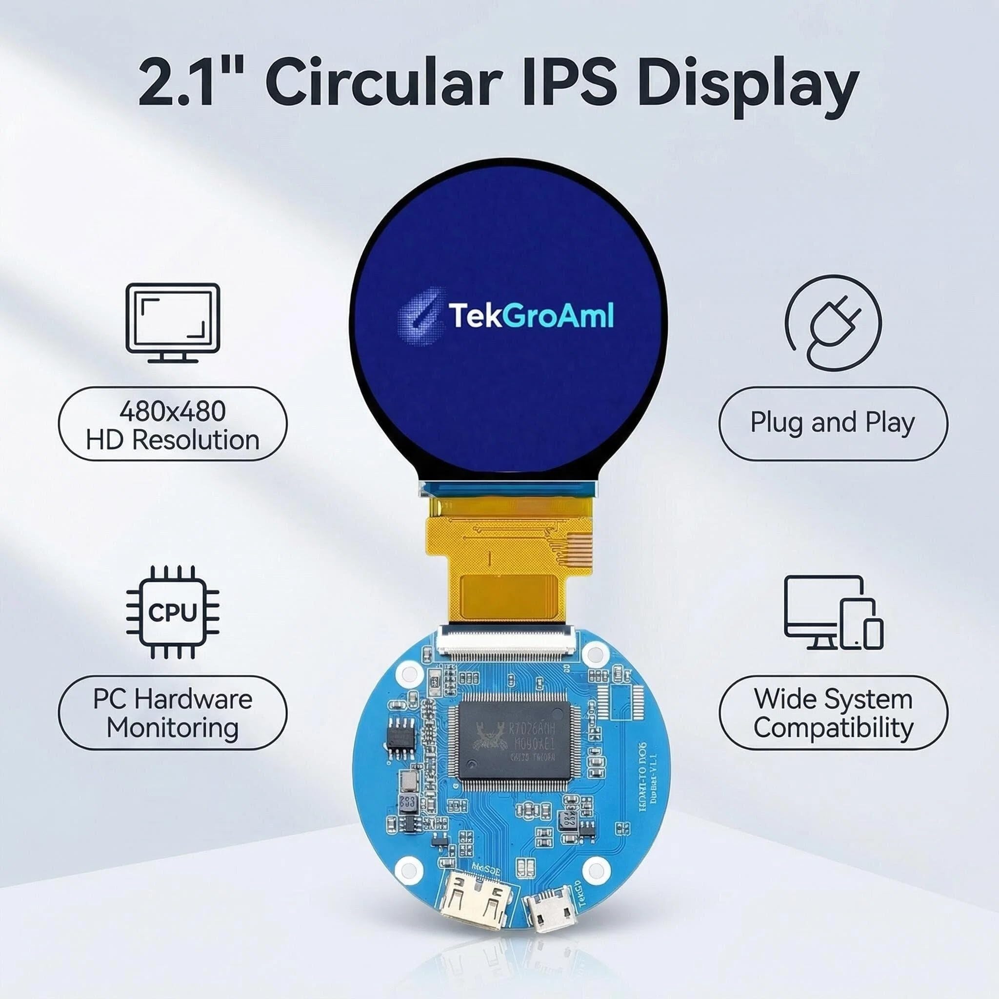 TekGroAml Mini okrągły ekran LCD IPS, okrągły ekran 2,1" 480 x 480 i karta kontrolna Micro HD