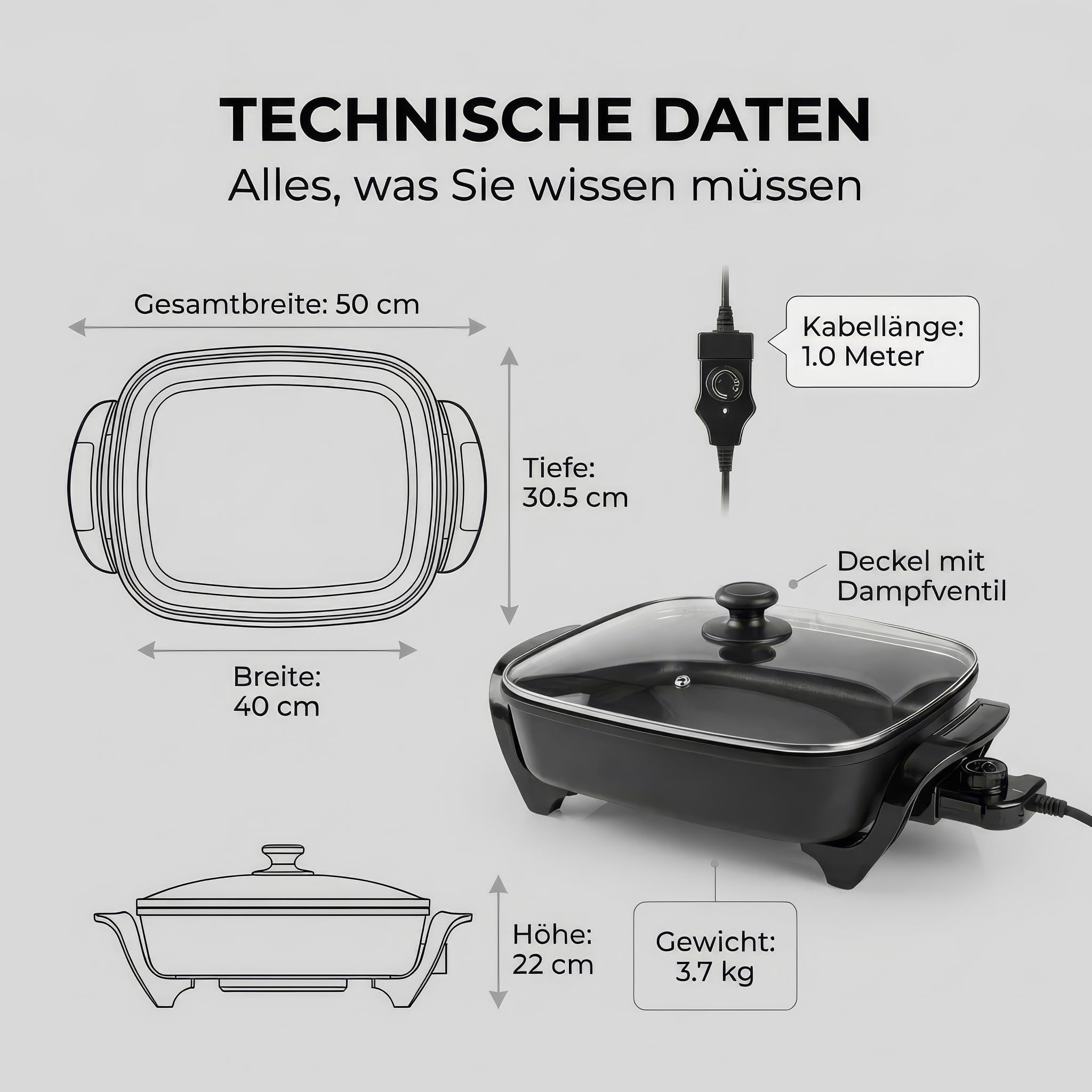 Elektrische Pfanne - 40 cm - Dickwandiges Aluminium-Gussgehäuse