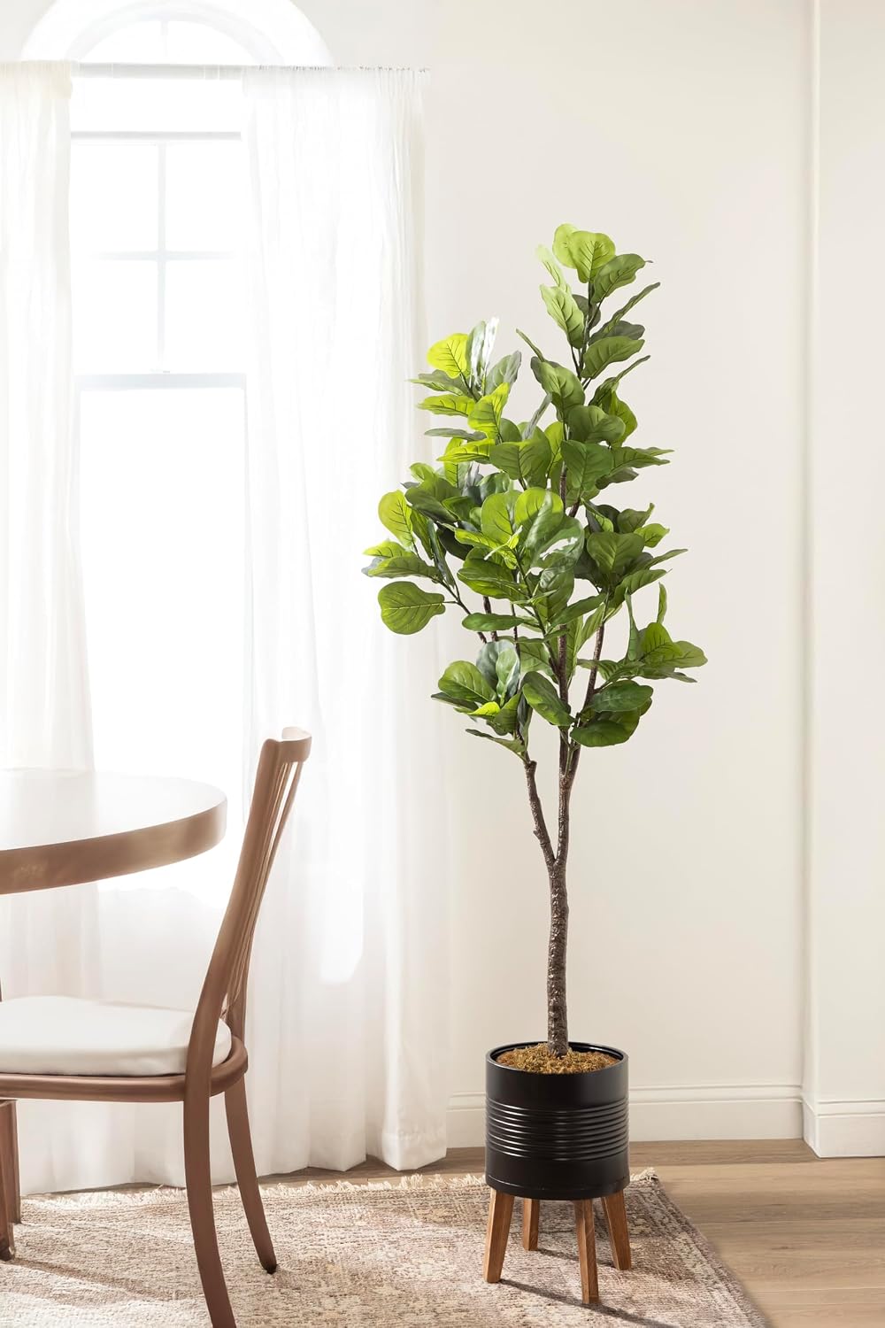Kate and Laurel Fidmont Faux Fiddle Fig Tree with Gavri Metal Planter Pot, 6.5 FT, Black and Rustic Brown, Potted Artificial Tree Indoor with Realistic Foliage and Added Moss, Living Room Fake Plant