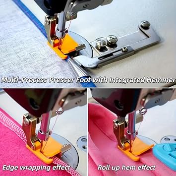 2pcs Professional Adjustable Hemming Presser Foot with Seam Guide,Multifunctional Sewing Attachment for Home Machines,Left/Right Adjustable Hemmer Foot for Perfect Seams,Easy Fabric Guide Tool,Orange