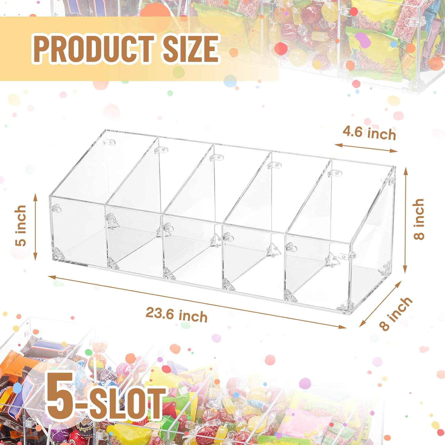 Geelin 5-compartment Acrylic Candy Display Bin, 23.6" Wide 5.2 Gallon Clear Food Storage Organizer with Partitions for Kitchen Pantry, Countertop, Retail Store