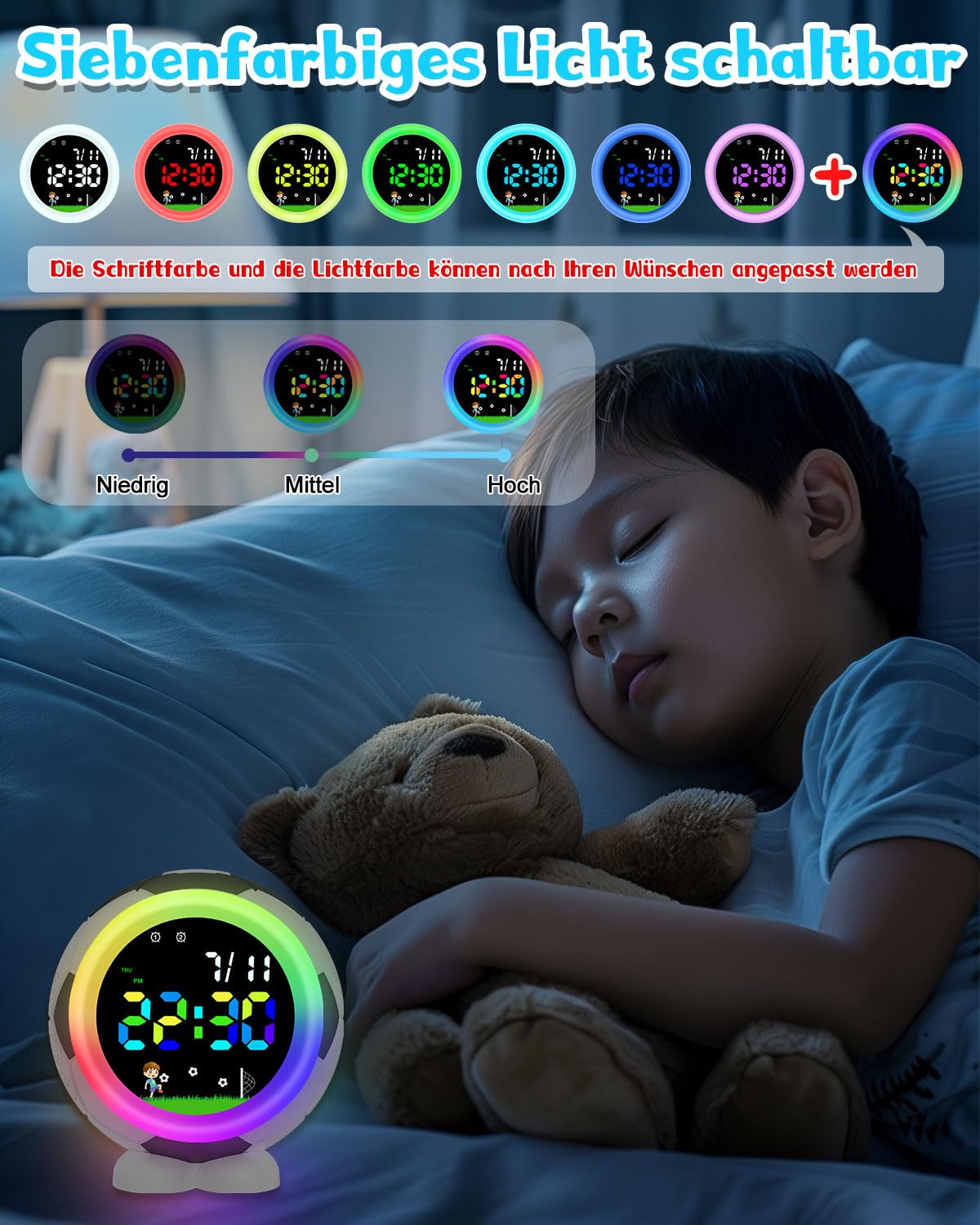 Réveil Enfant Football pour Garçons Filles Digital avec Veilleuse Snooze 6 Sonneries Double 12/24 Heures