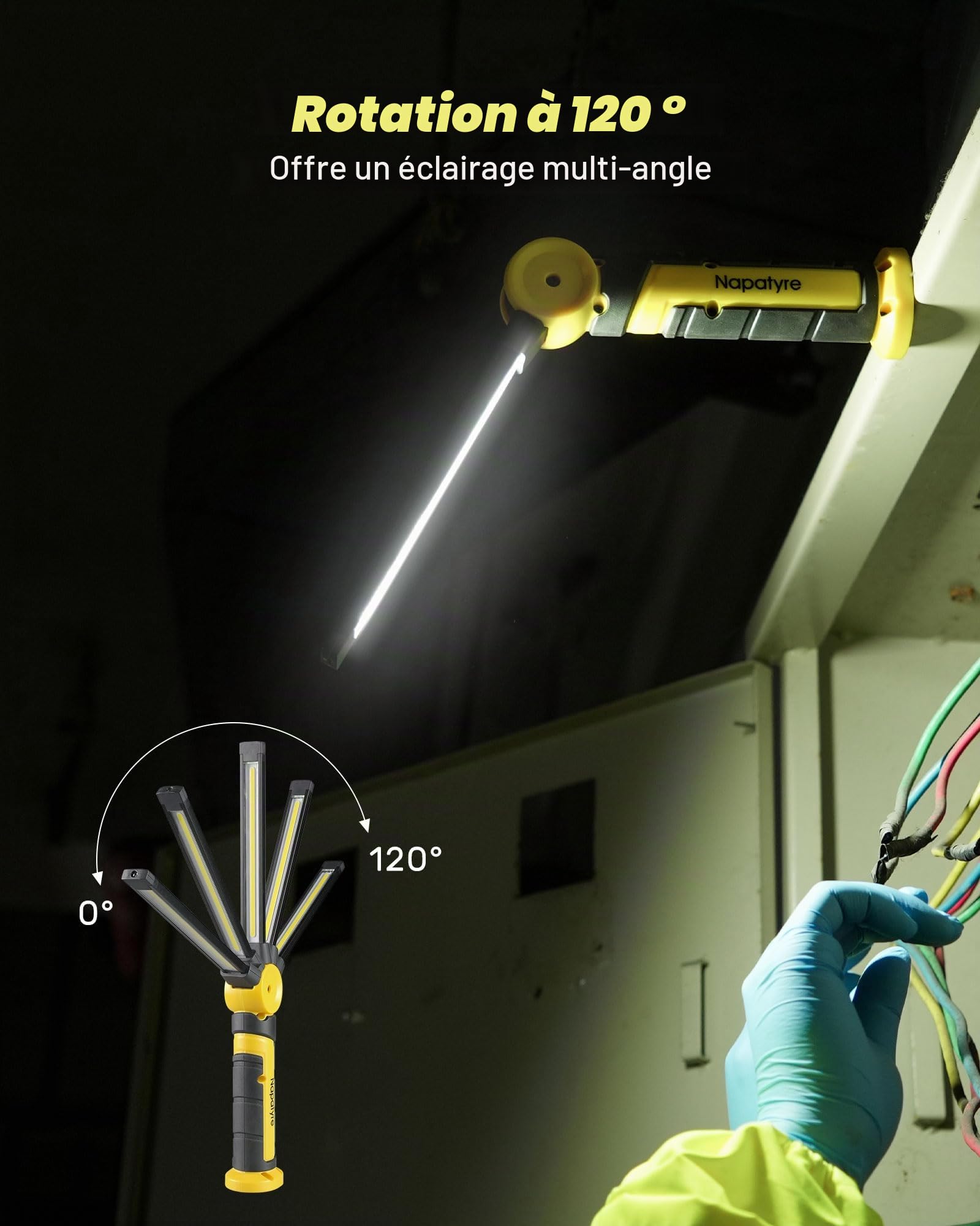 Lampe de Travail, 4000mAh Baladeuse LED Rechargeable avec Base Magnétique, Rotation à 120° Lampe Atelier, 3 Modes Lampe de Poche pour Réparation Auto/Camping/Urgence (2 Pièce)