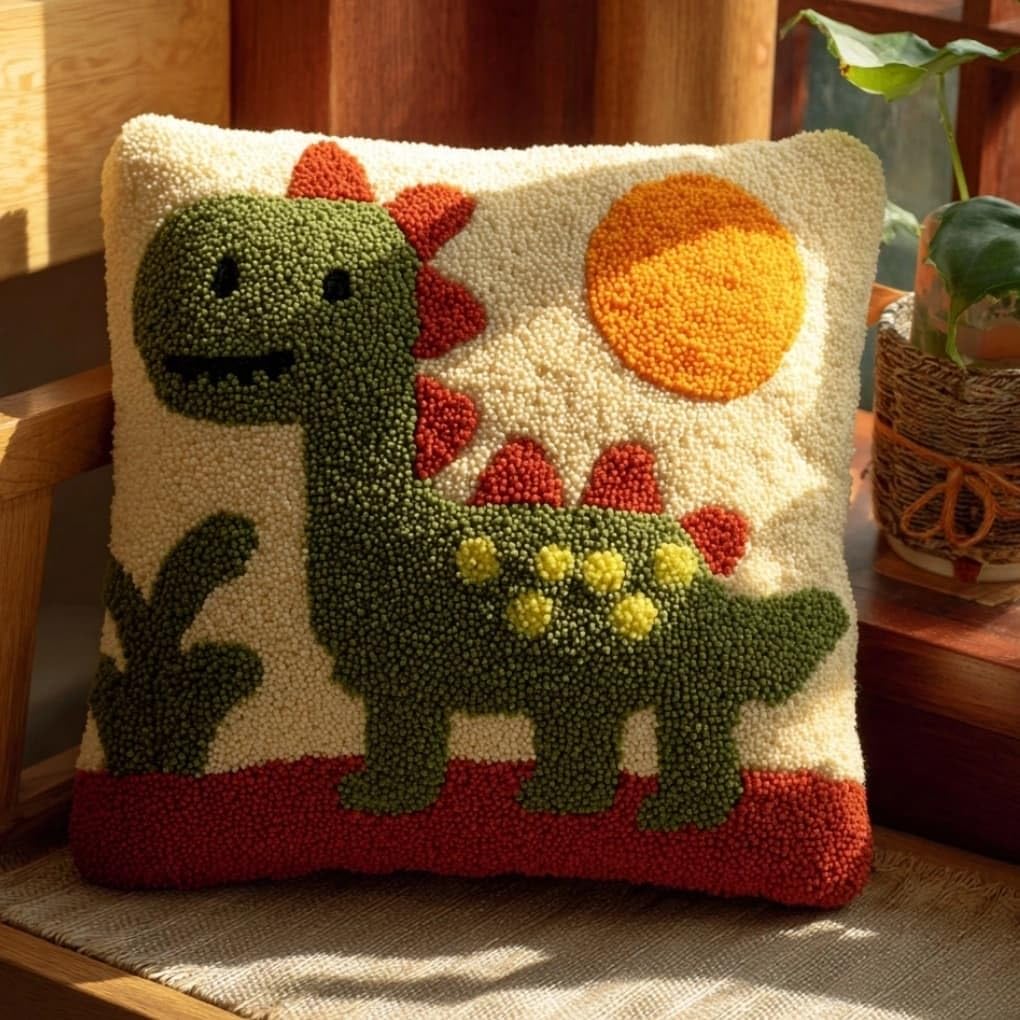WallustrioaW Latch Hook Pillow Kit -Cartoon Dinosaur 43X43Cm Embroidery Art Craft Kit All Ages Unisex