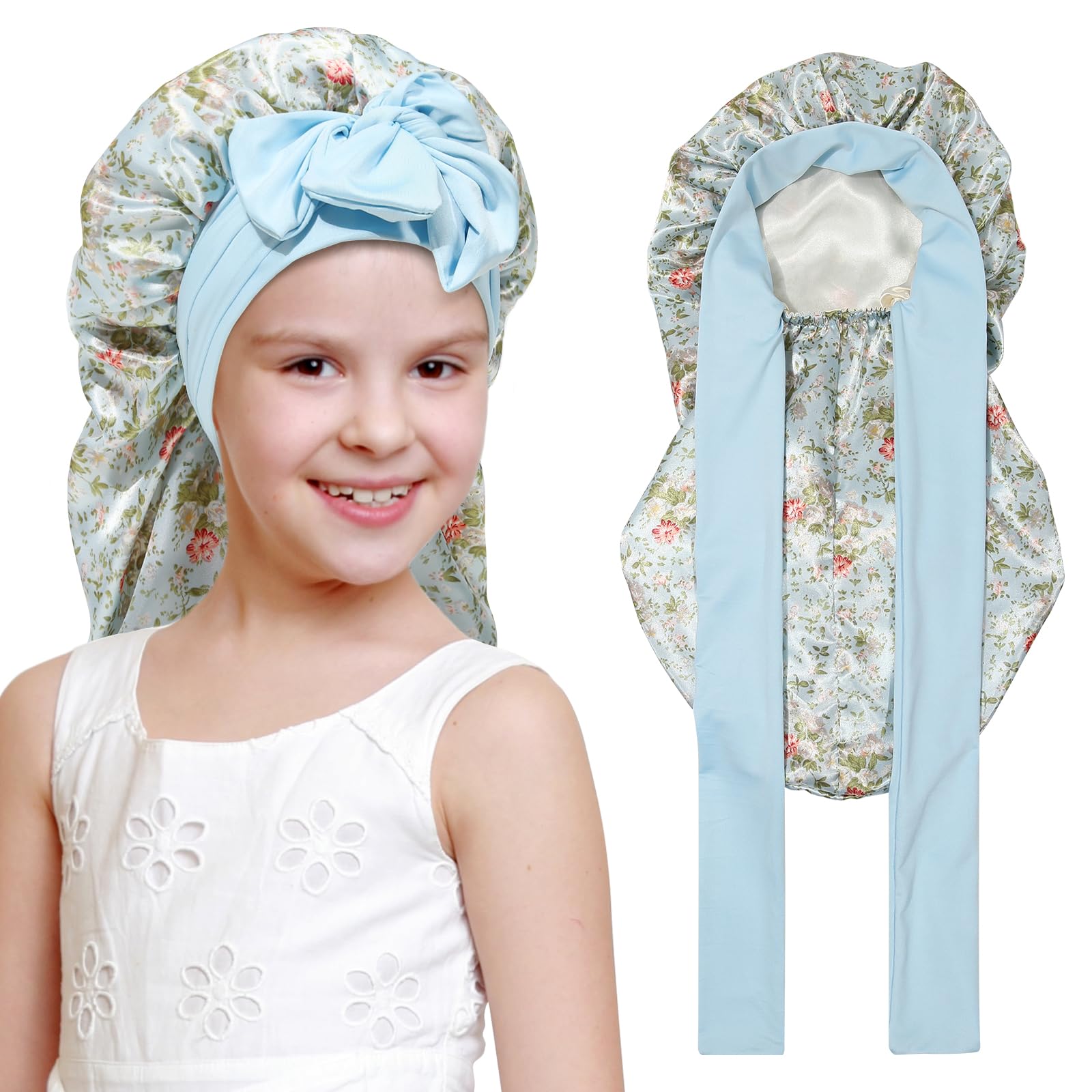 Kids Long Hair Bonnet for Sleeping - Double Layer Girls Elastic Satin Bonnet with Tie Band for Braid Curly Hair (Blue Flower+Beige)